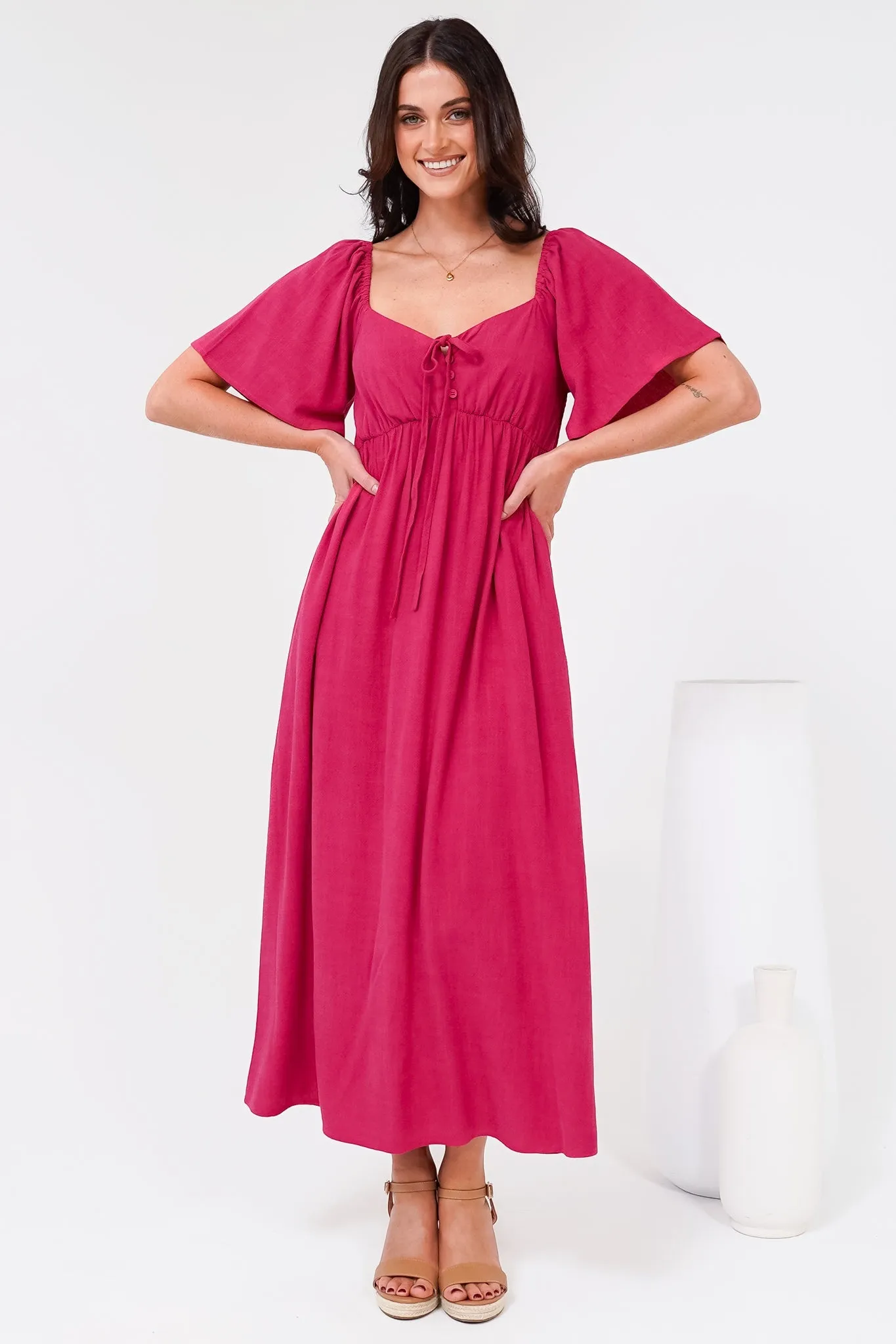 Henrietta Midi Dress - Sweetheart Neckline Short Sleeve Dress in Hot Pink sold by Salty Crush product image thumbnail 4