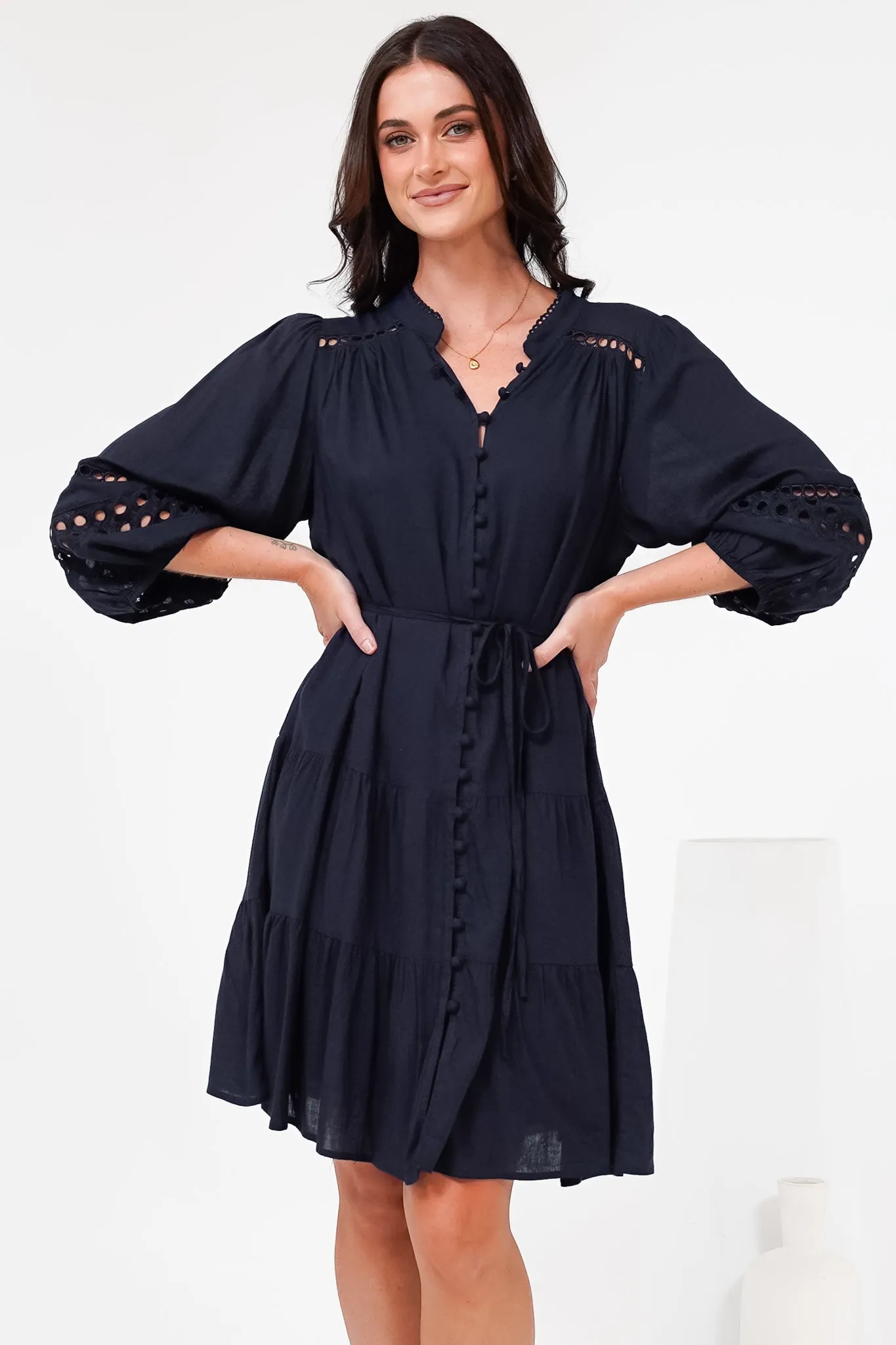 Alyce Mini Dress - Button Down Dress with Cut Out Detailed Sleeves and Matching Belt in Navy sold by Salty Crush