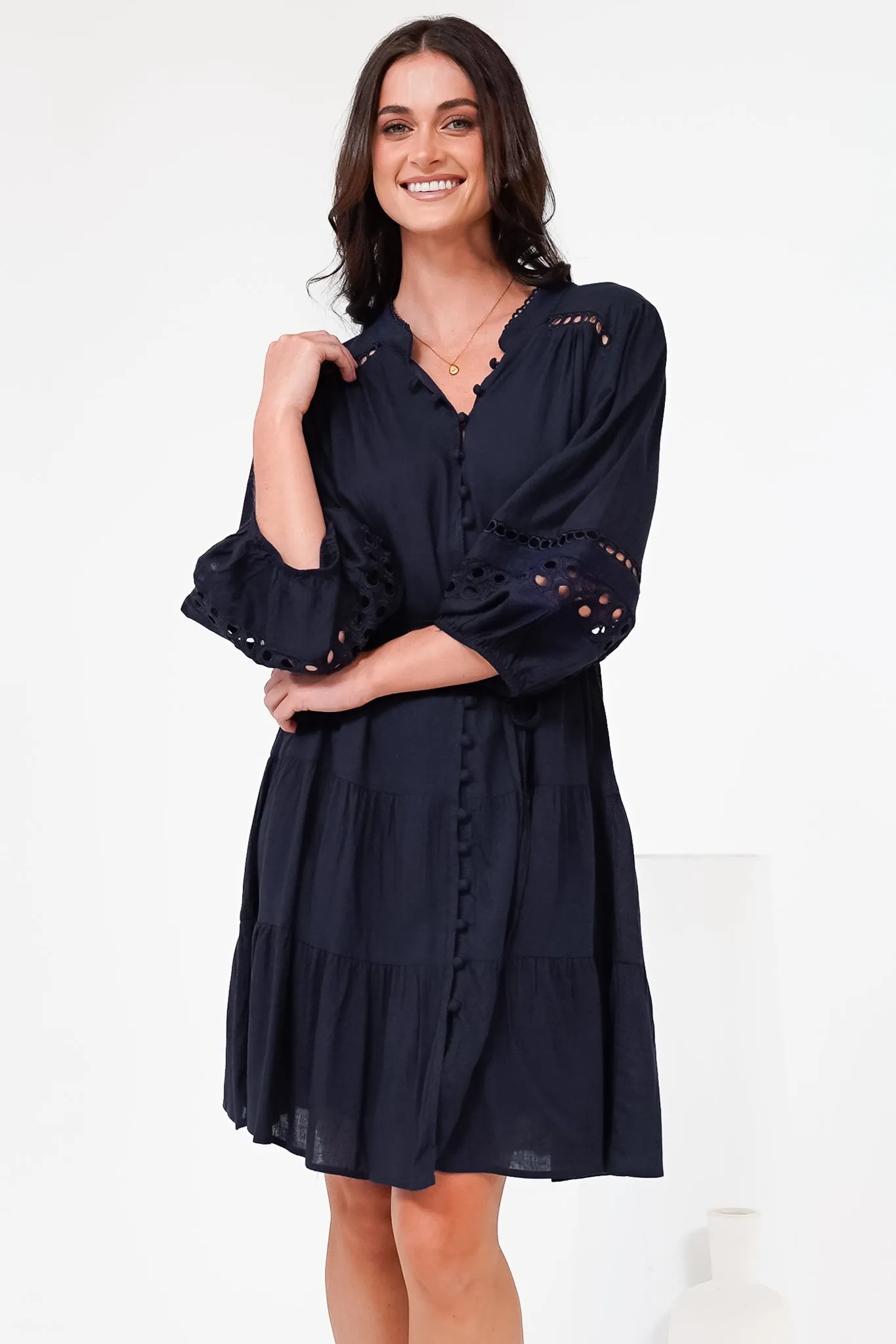 Alyce Mini Dress - Button Down Dress with Cut Out Detailed Sleeves and Matching Belt in Navy sold by Salty Crush product image thumbnail 5