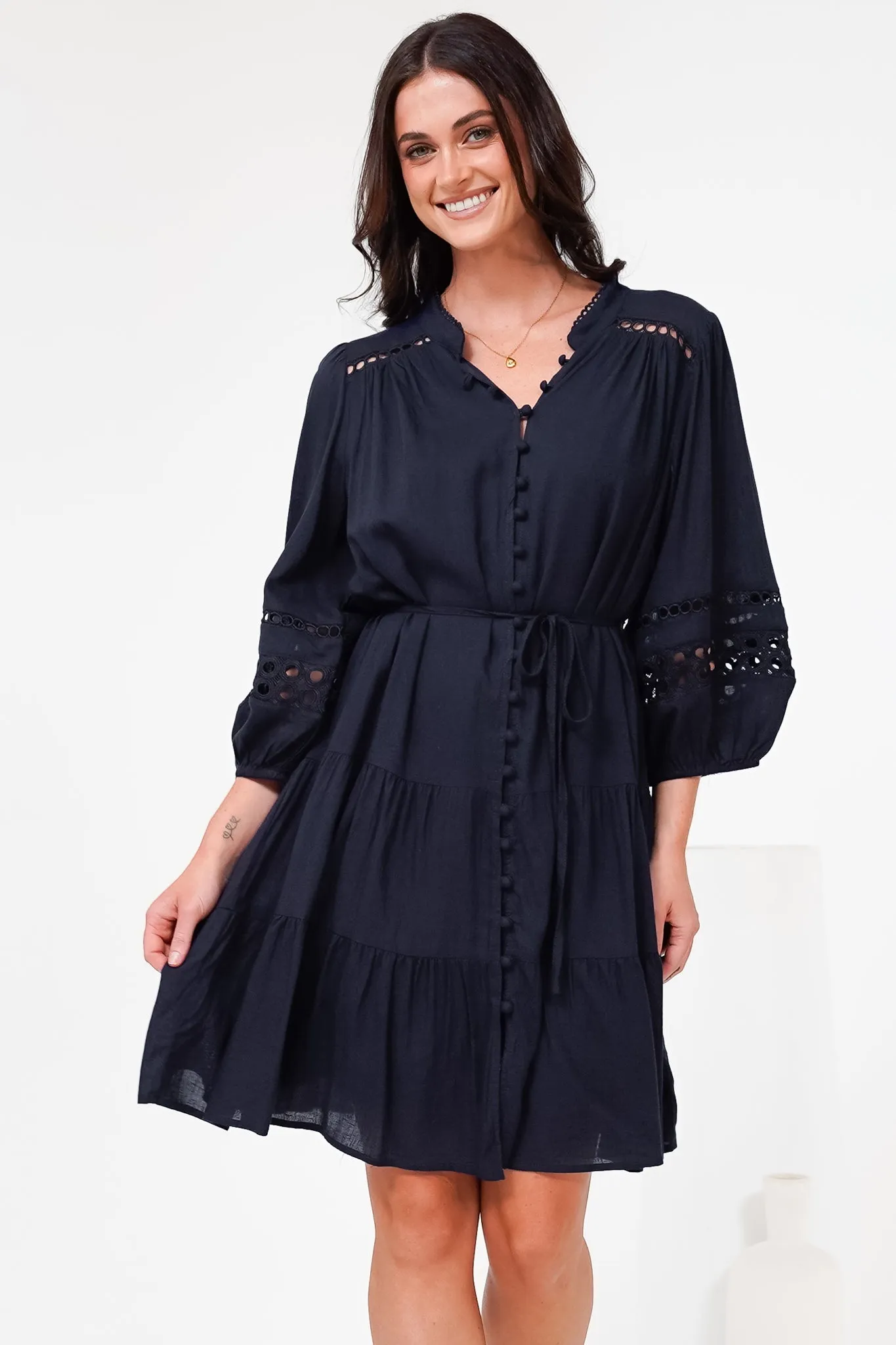 Alyce Mini Dress - Button Down Dress with Cut Out Detailed Sleeves and Matching Belt in Navy sold by Salty Crush product image thumbnail 4