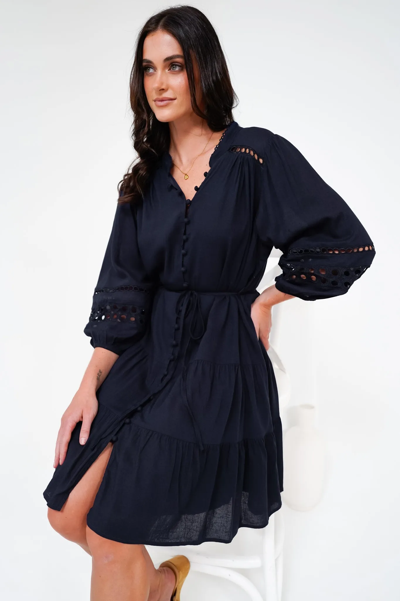Alyce Mini Dress - Button Down Dress with Cut Out Detailed Sleeves and Matching Belt in Navy sold by Salty Crush product image thumbnail 3