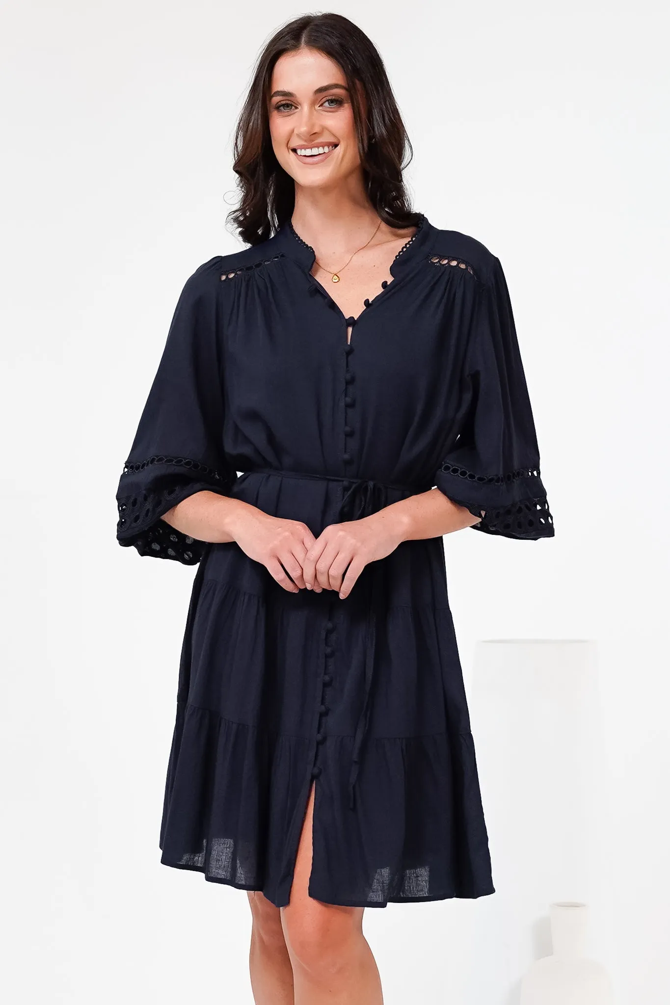 Alyce Mini Dress - Button Down Dress with Cut Out Detailed Sleeves and Matching Belt in Navy sold by Salty Crush product image thumbnail 2