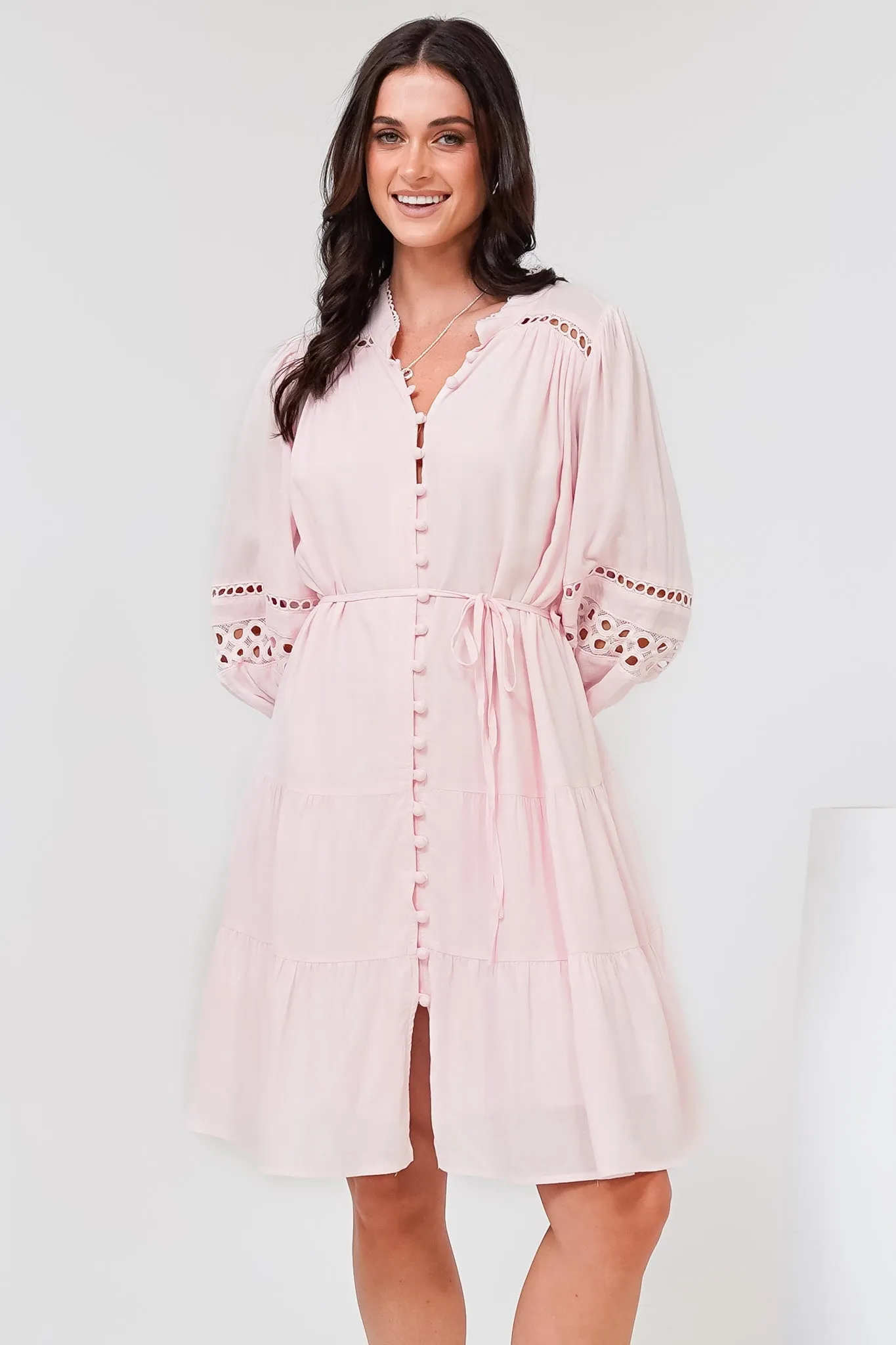 Alyce Mini Dress - Button Down Dress with Cut Out Detailed Sleeves and Matching Belt in Pink sold by Salty Crush product image thumbnail 3