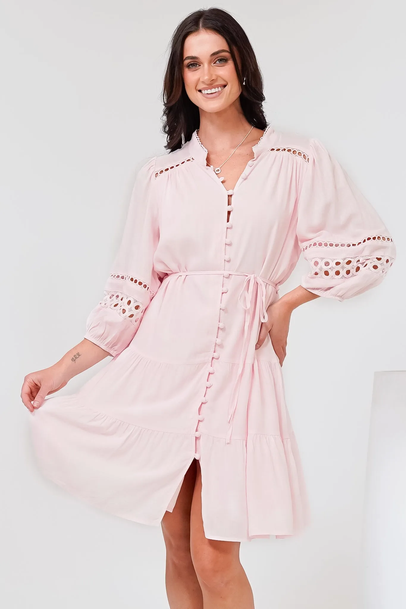 Alyce Mini Dress - Button Down Dress with Cut Out Detailed Sleeves and Matching Belt in Pink sold by Salty Crush product image thumbnail 4