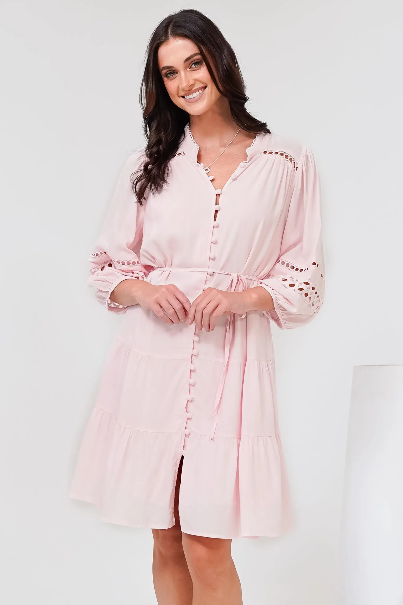 Alyce Mini Dress - Button Down Dress with Cut Out Detailed Sleeves and Matching Belt in Pink sold by Salty Crush product image thumbnail 5