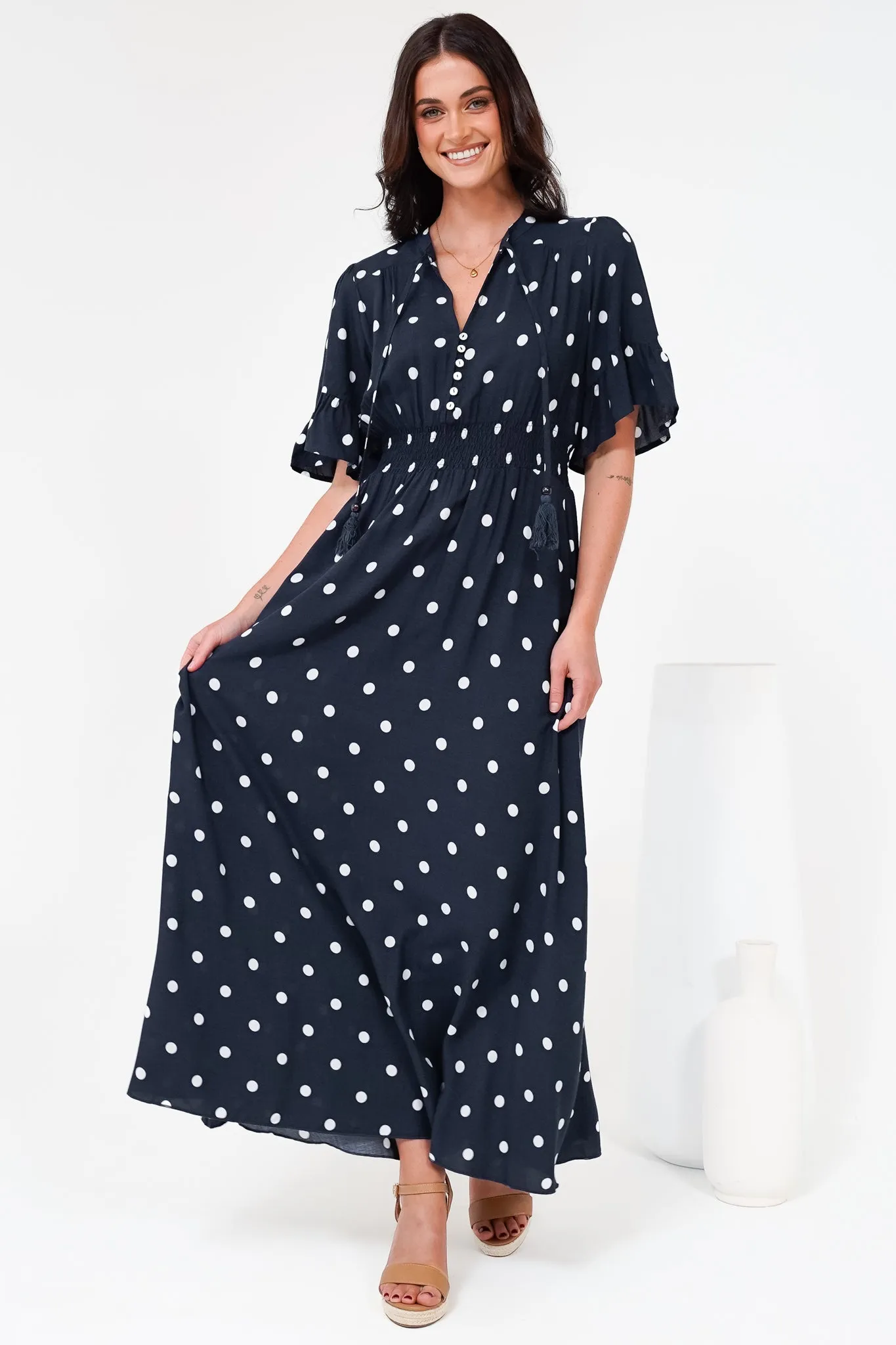 Jemina Maxi Dress - V-Neck Elasticated Waist A-Line Dress in Parisian Polka Print Navy sold by Salty Crush product image thumbnail 4