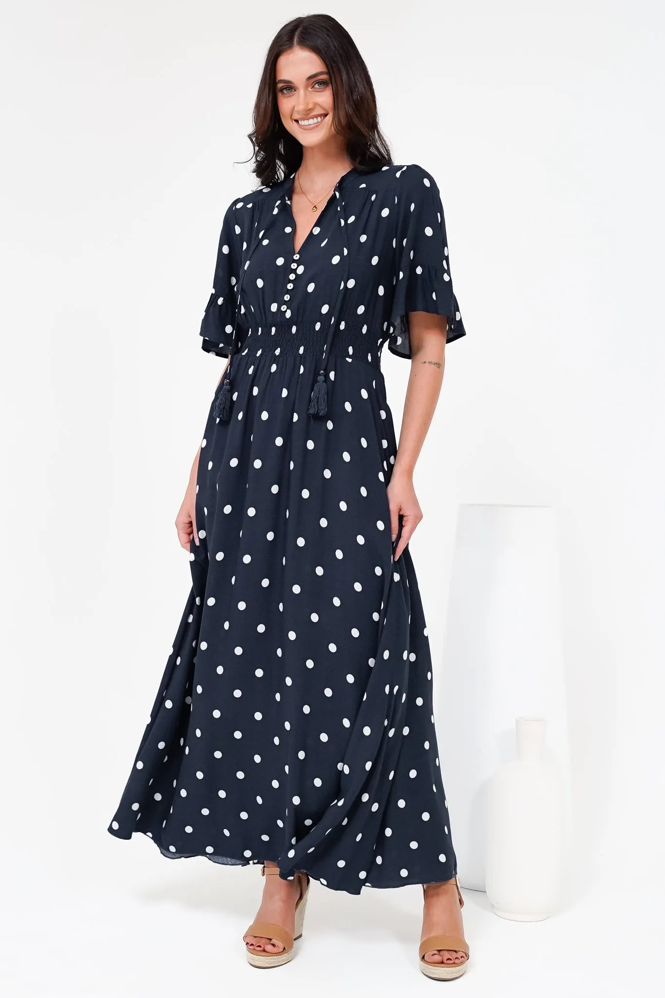 Jemina Maxi Dress - V-Neck Elasticated Waist A-Line Dress in Parisian Polka Print Navy sold by Salty Crush product image thumbnail 5