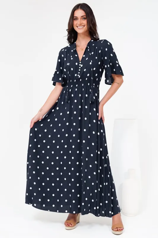 Jemina Maxi Dress - V-Neck Elasticated Waist A-Line Dress in Parisian Polka Print Navy sold by Salty Crush