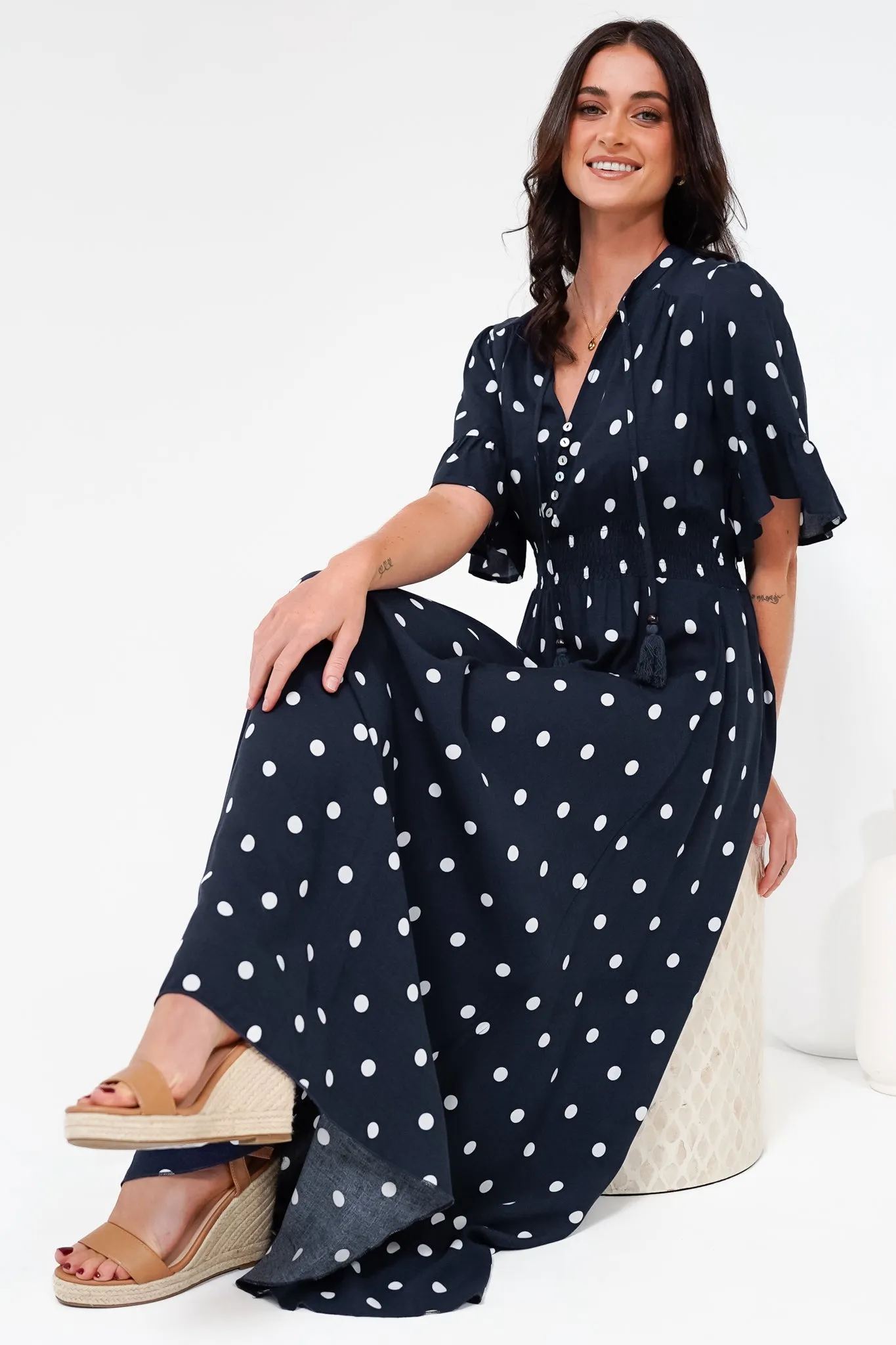 Jemina Maxi Dress - V-Neck Elasticated Waist A-Line Dress in Parisian Polka Print Navy sold by Salty Crush product image thumbnail 3