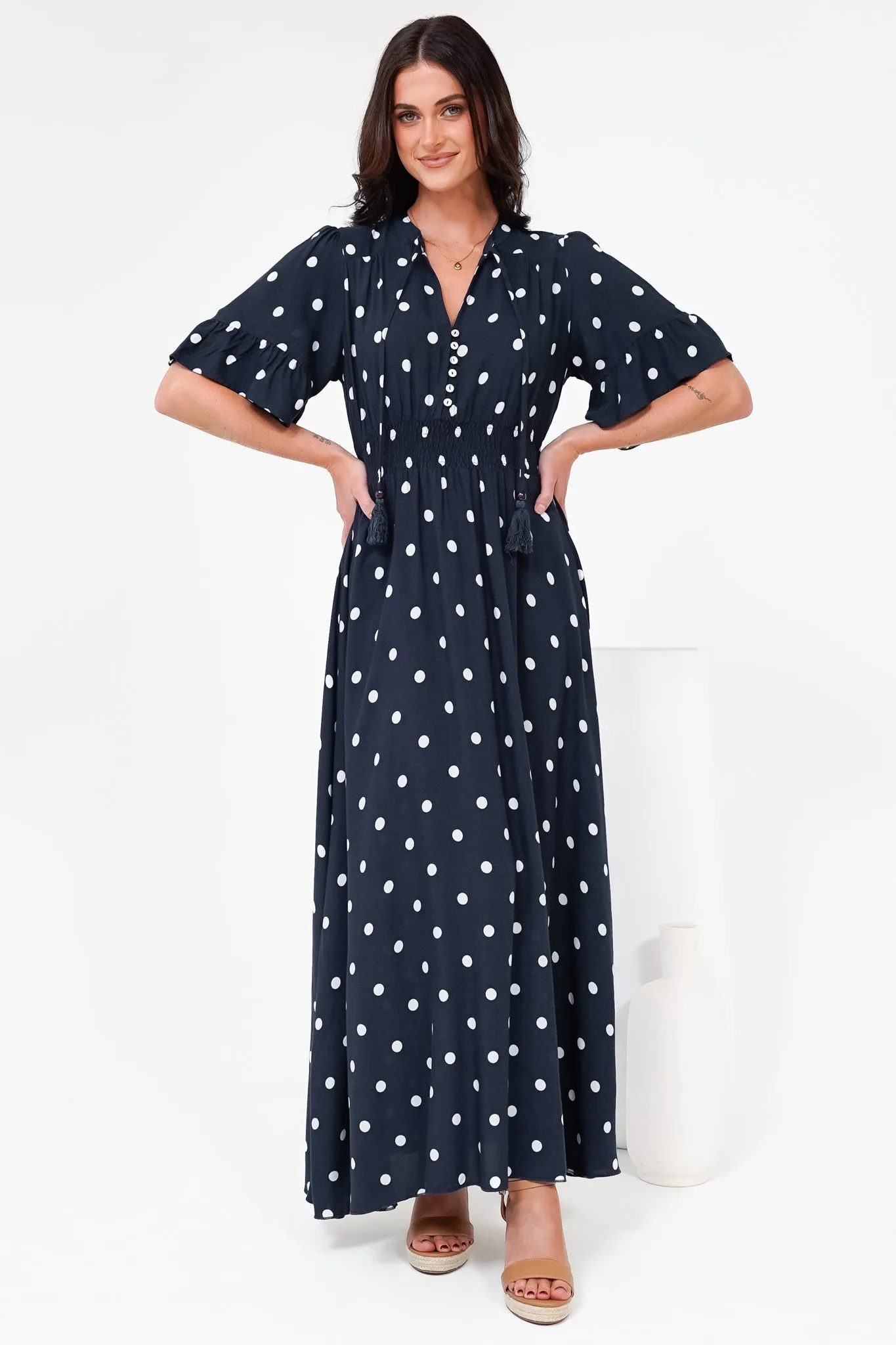 Jemina Maxi Dress - V-Neck Elasticated Waist A-Line Dress in Parisian Polka Print Navy sold by Salty Crush product image thumbnail 2