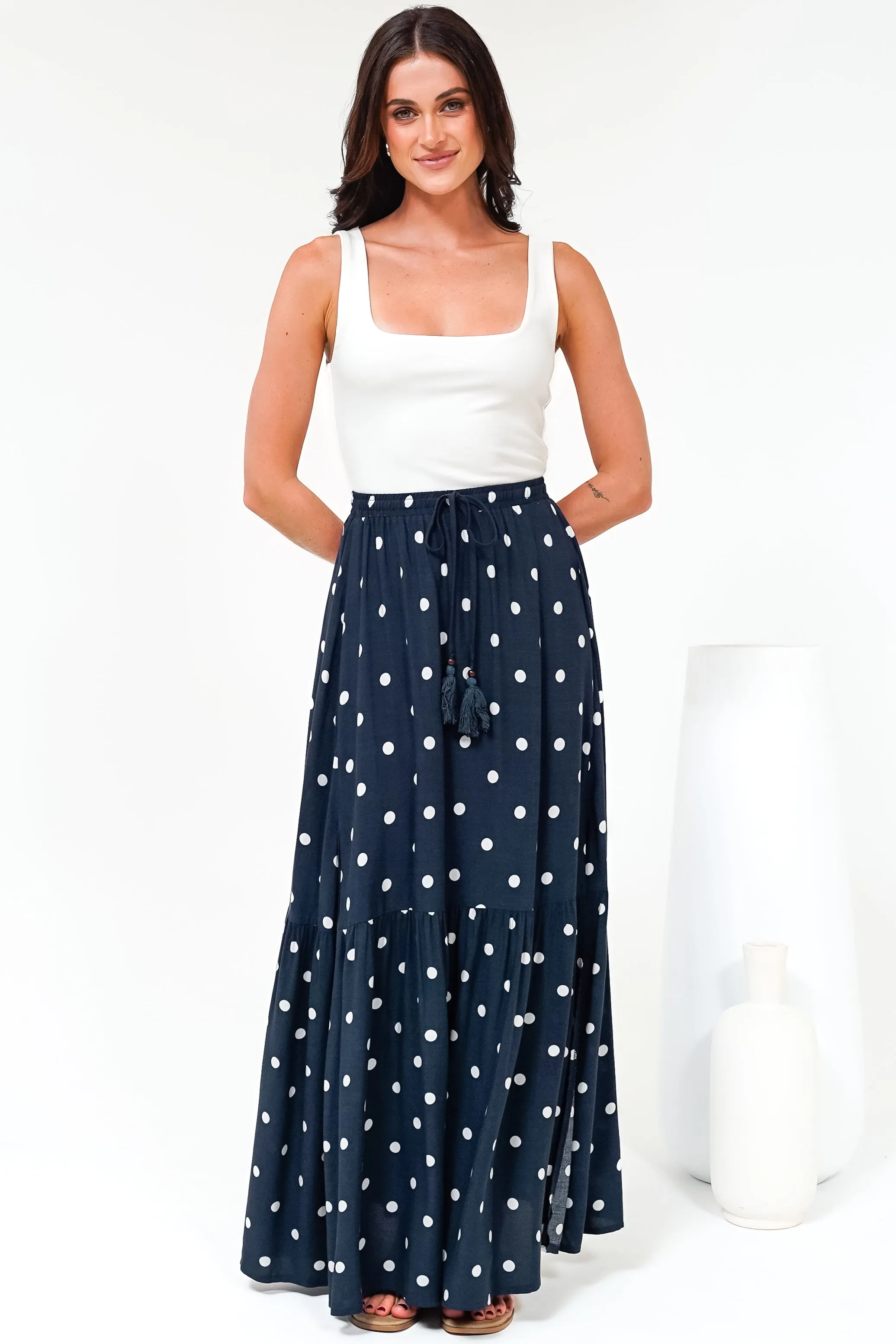 Hellen Maxi Skirt - High Waisted Skirt with Front Splits in Parisian Polka Print Navy sold by Salty Crush product image thumbnail 5
