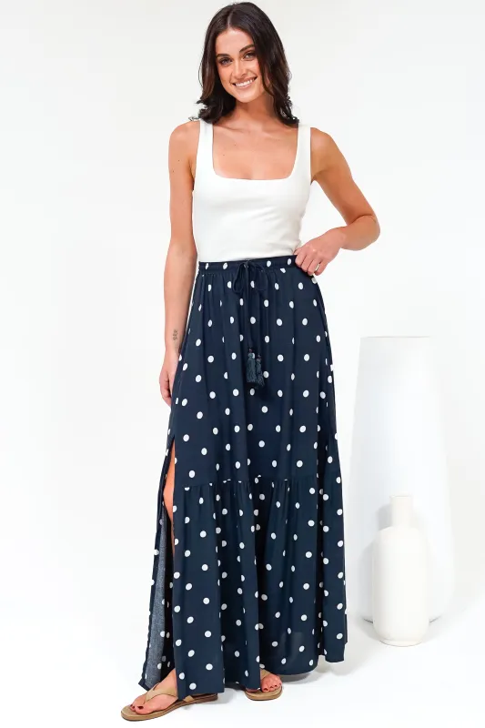 Hellen Maxi Skirt - High Waisted Skirt with Front Splits in Parisian Polka Print Navy sold by Salty Crush