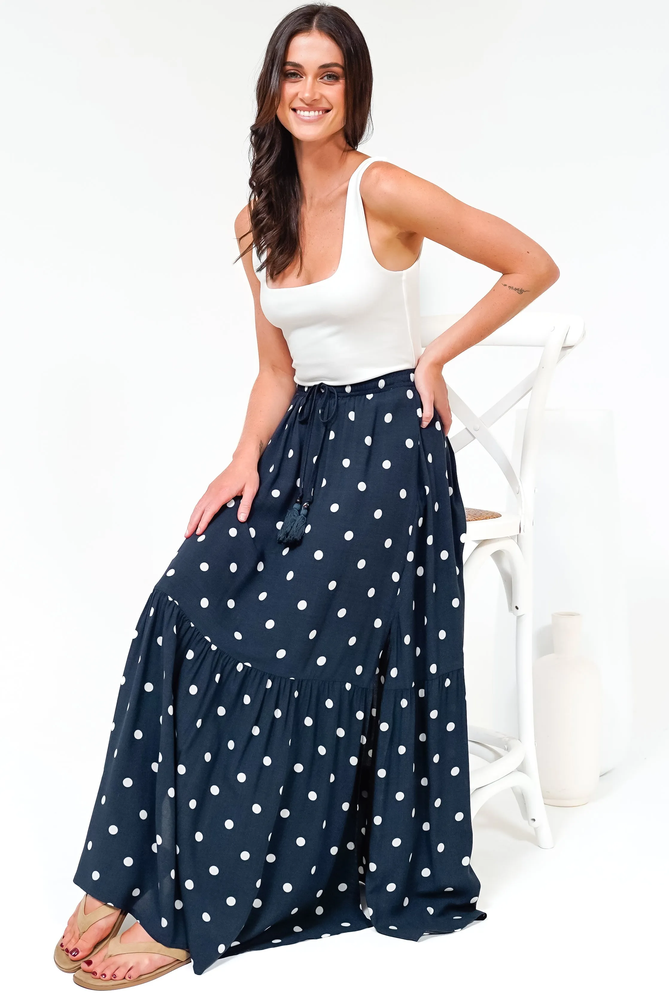 Hellen Maxi Skirt - High Waisted Skirt with Front Splits in Parisian Polka Print Navy sold by Salty Crush product image thumbnail 4