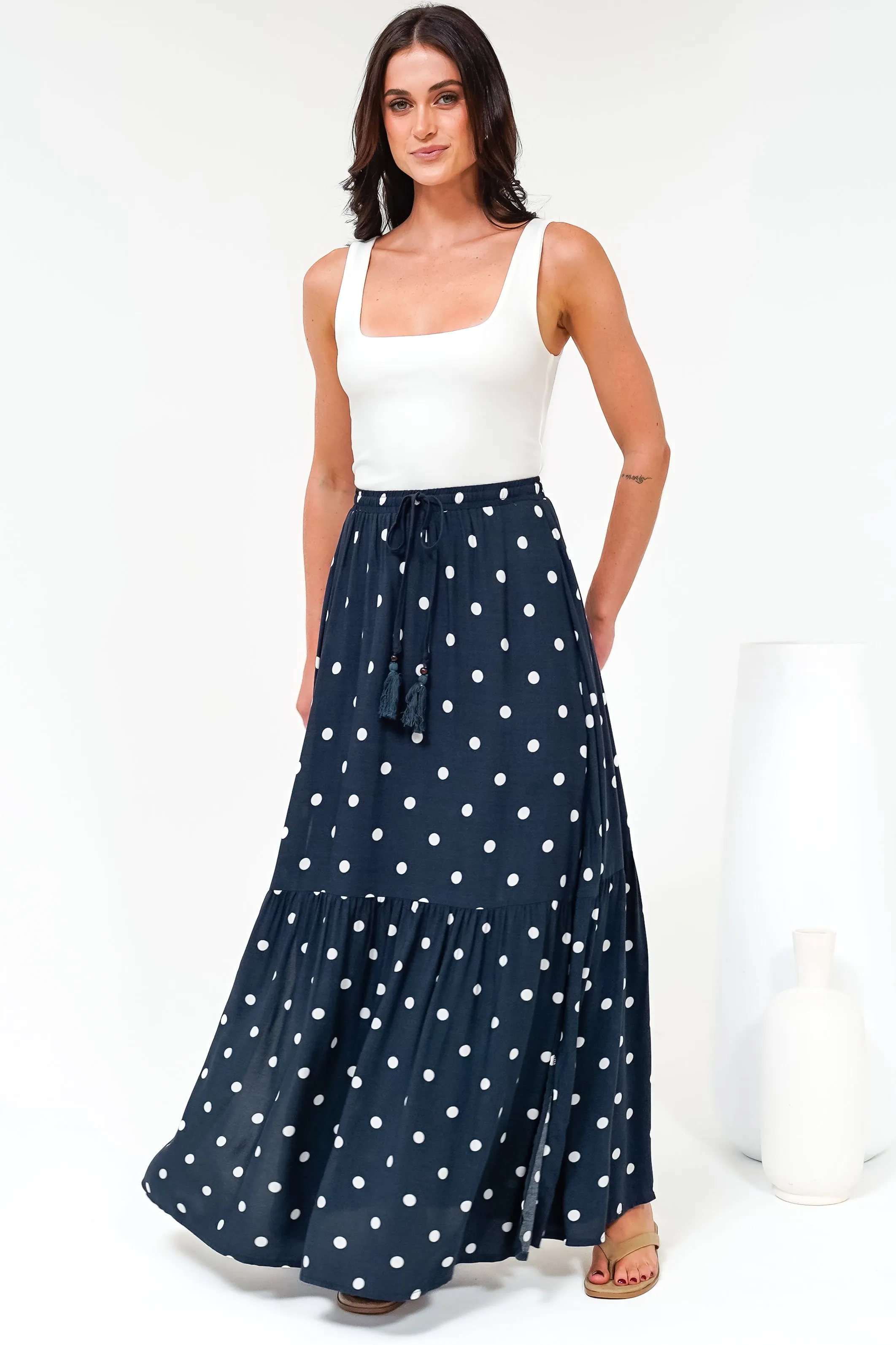 Hellen Maxi Skirt - High Waisted Skirt with Front Splits in Parisian Polka Print Navy sold by Salty Crush product image thumbnail 2