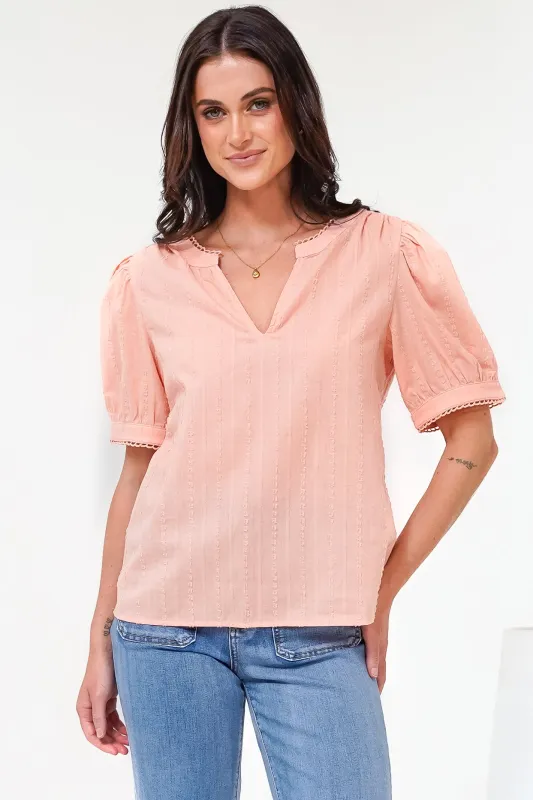Loyalty Top - Textured V-Neck Split Collar Top with Puff Sleeves and Scallop Trims in Peach made by Salty Crush