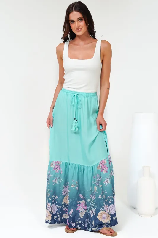Hellen Maxi Skirt - High Waisted Skirt with Front Splits in Candyce Print Blue sold by Salty Crush