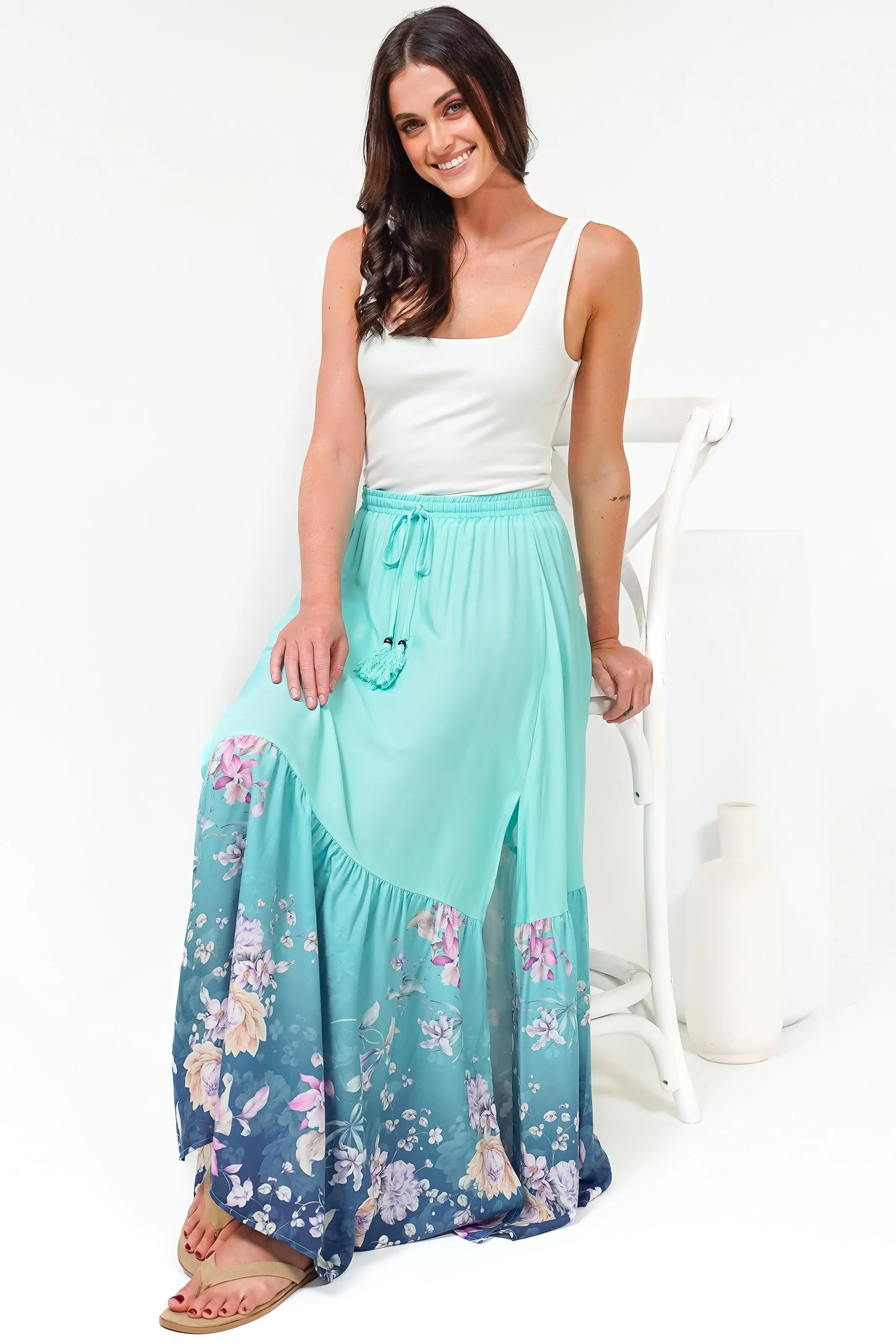 Hellen Maxi Skirt - High Waisted Skirt with Front Splits in Candyce Print Blue sold by Salty Crush product image thumbnail 4