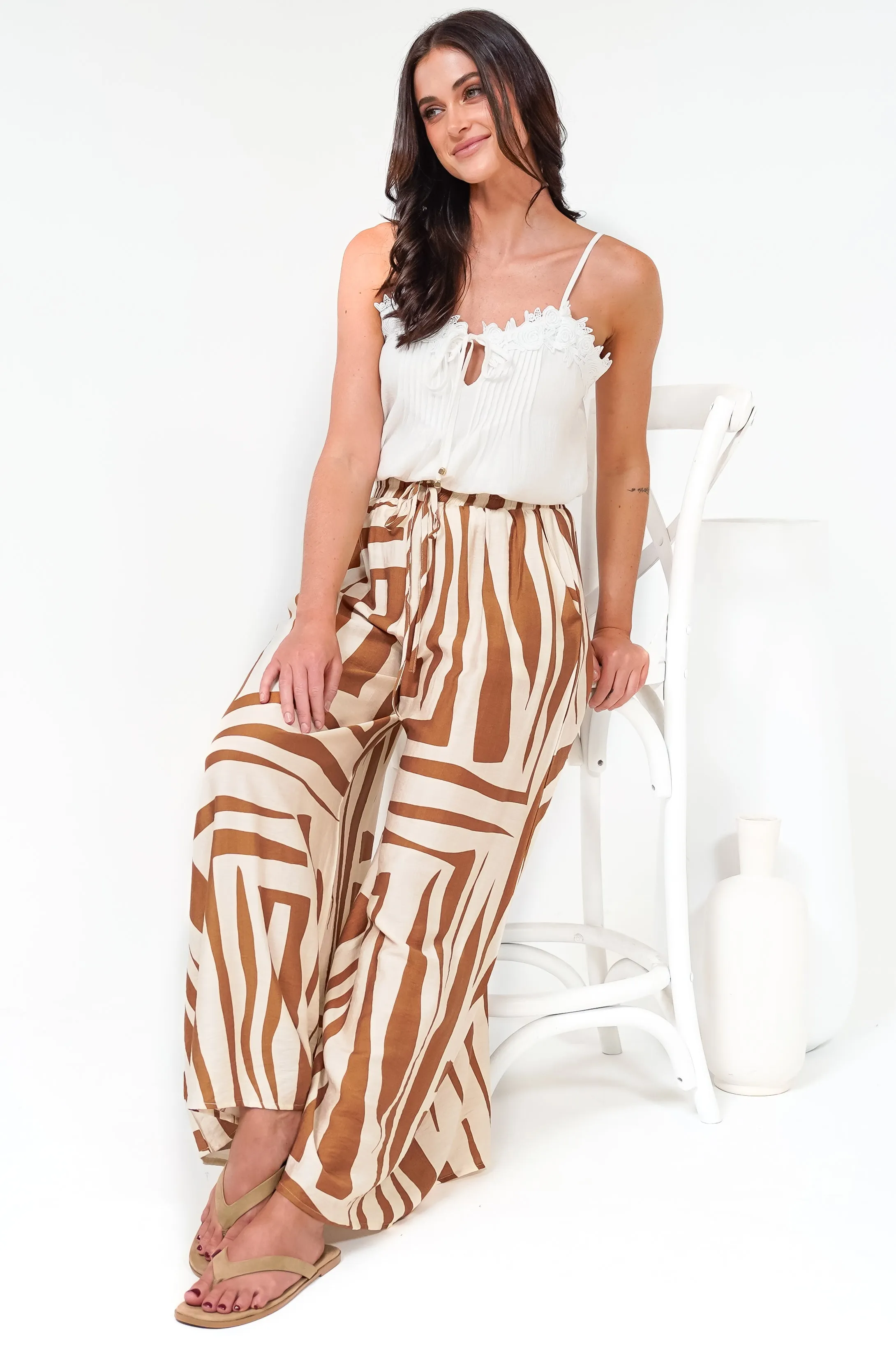 Saturday Pants - High Paperbag Waist Wide Leg Pants with Waist Tie in Tyla Print Tan sold by Salty Crush product image thumbnail 2