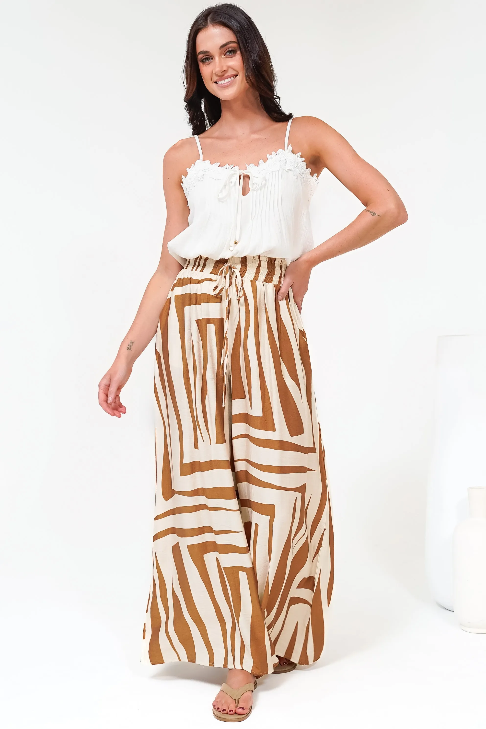 Saturday Pants - High Paperbag Waist Wide Leg Pants with Waist Tie in Tyla Print Tan sold by Salty Crush product image thumbnail 3