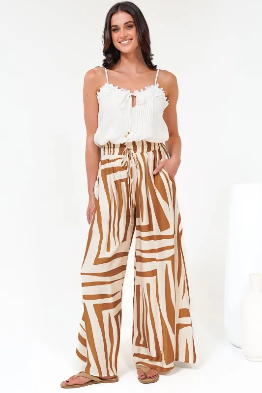 Saturday Pants - High Paperbag Waist Wide Leg Pants with Waist Tie in Tyla Print Tan sold by Salty Crush