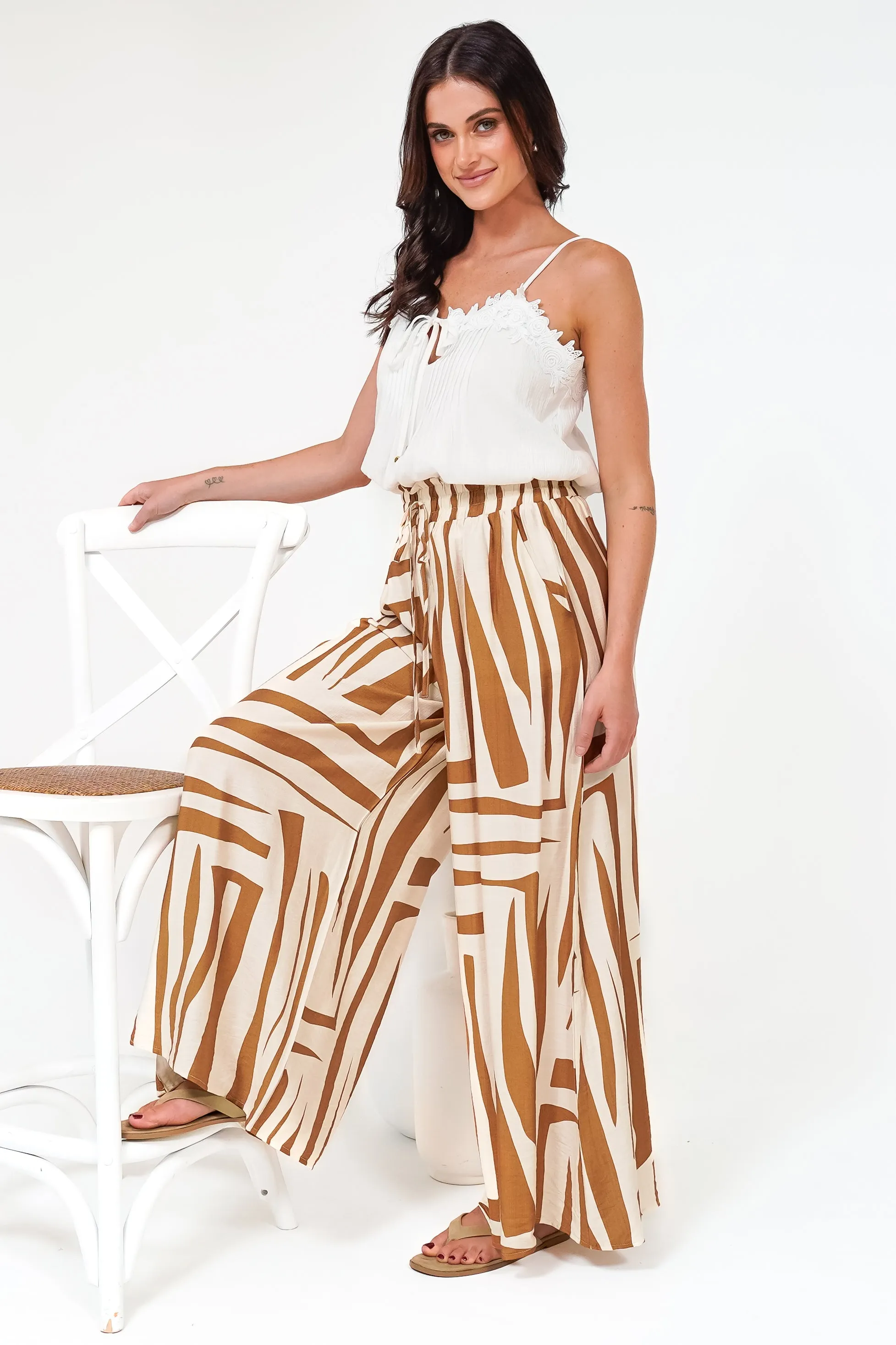 Saturday Pants - High Paperbag Waist Wide Leg Pants with Waist Tie in Tyla Print Tan sold by Salty Crush product image thumbnail 4