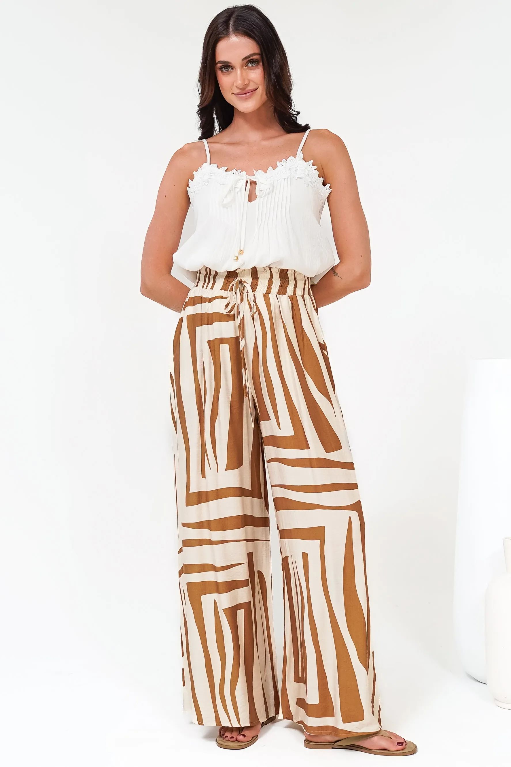 Saturday Pants - High Paperbag Waist Wide Leg Pants with Waist Tie in Tyla Print Tan sold by Salty Crush product image thumbnail 5