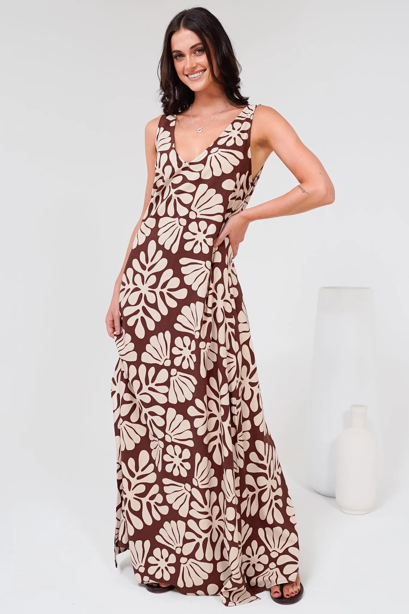 Janeen Maxi Dress - A-Line Sleeveless Dress with Side Splits in Lunie Print Chocolate sold by Salty Crush product image thumbnail 4