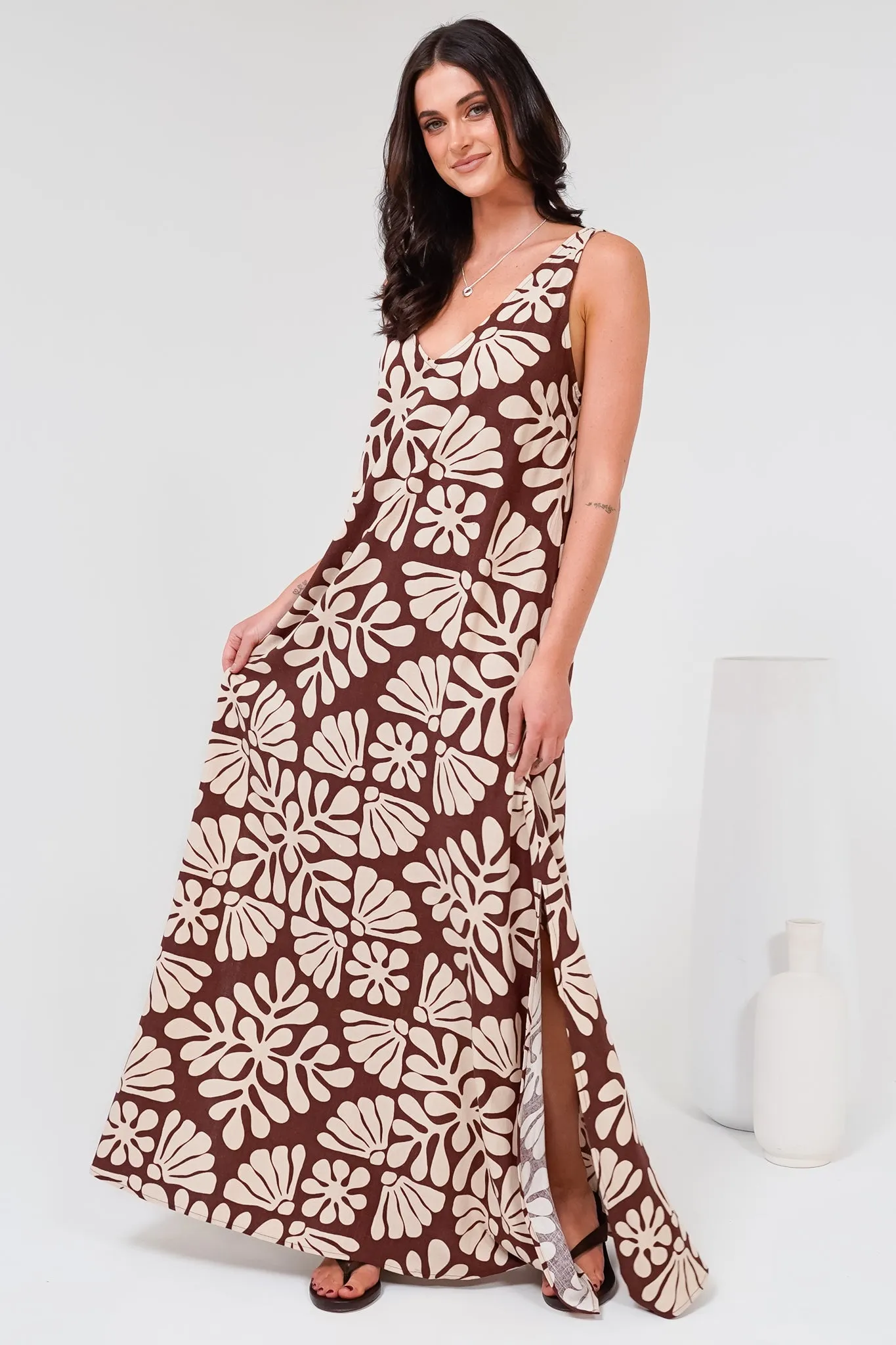 Janeen Maxi Dress - A-Line Sleeveless Dress with Side Splits in Lunie Print Chocolate sold by Salty Crush product image thumbnail 5