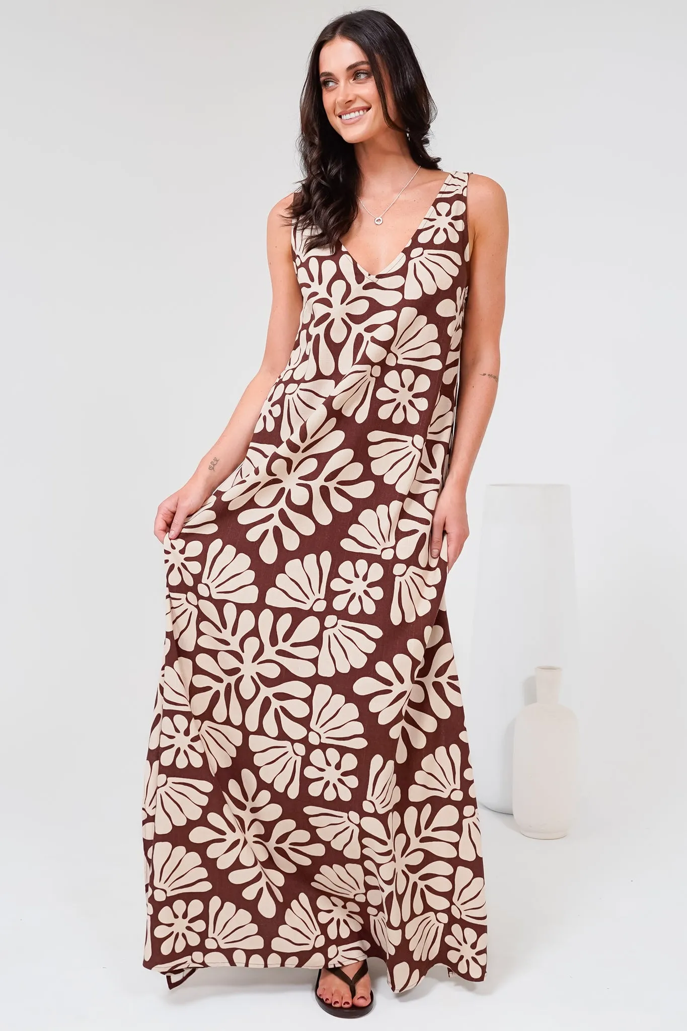 Janeen Maxi Dress - A-Line Sleeveless Dress with Side Splits in Lunie Print Chocolate sold by Salty Crush product image thumbnail 2