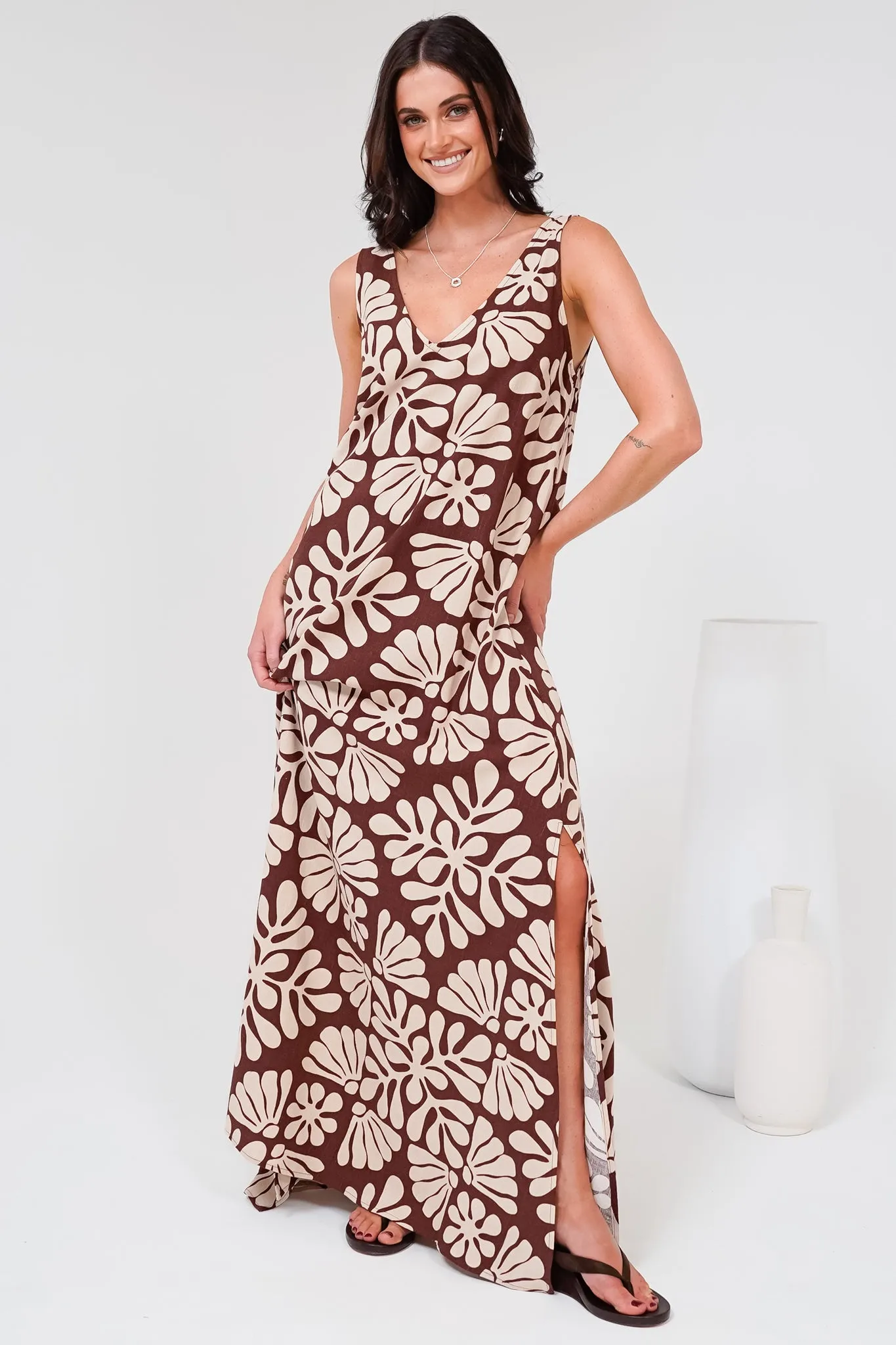 Janeen Maxi Dress - A-Line Sleeveless Dress with Side Splits in Lunie Print Chocolate sold by Salty Crush