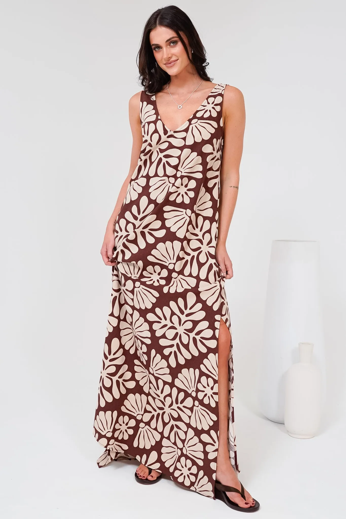 Janeen Maxi Dress - A-Line Sleeveless Dress with Side Splits in Lunie Print Chocolate sold by Salty Crush product image thumbnail 3