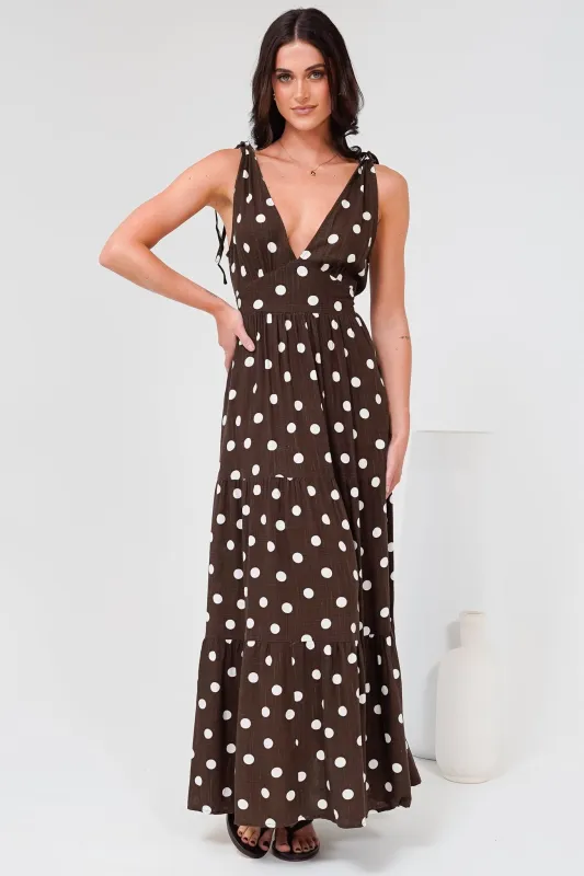 Maude Maxi Dress - Deep V-Neck Ties on Shoulders Tiered Dress in Kitson Spot Print Chocolate sold by Salty Crush