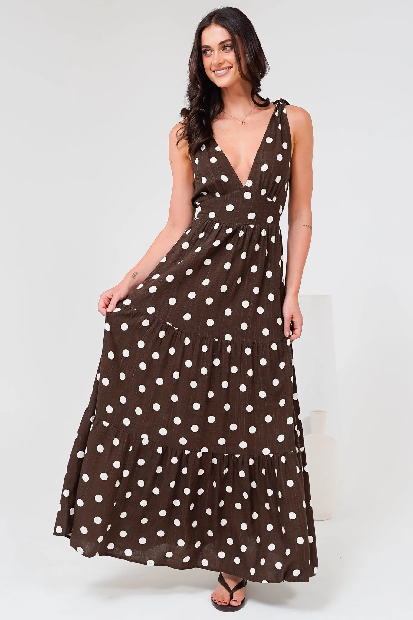 Maude Maxi Dress - Deep V-Neck Ties on Shoulders Tiered Dress in Kitson Spot Print Chocolate sold by Salty Crush product image thumbnail 2