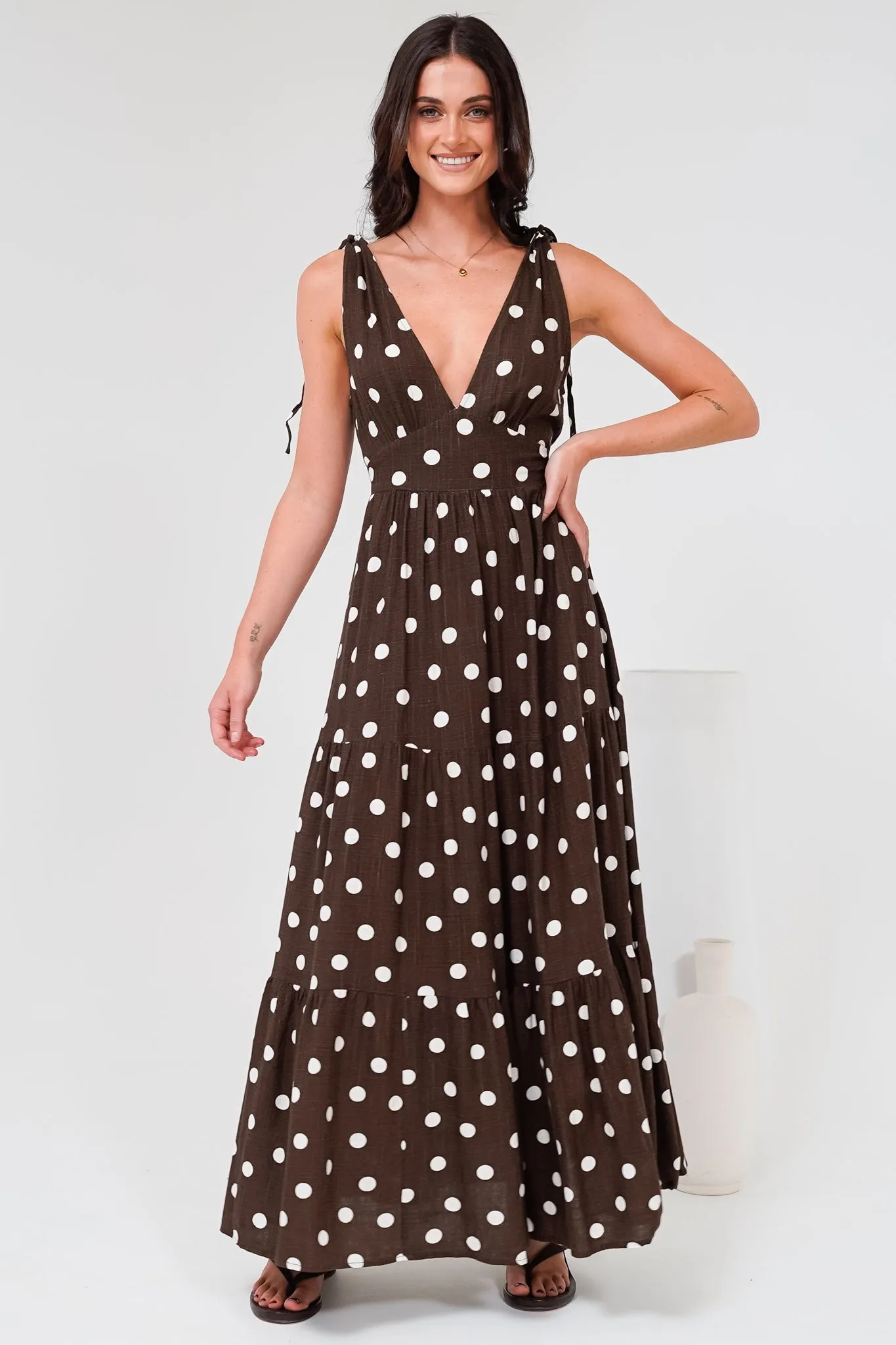 Maude Maxi Dress - Deep V-Neck Ties on Shoulders Tiered Dress in Kitson Spot Print Chocolate sold by Salty Crush product image thumbnail 4