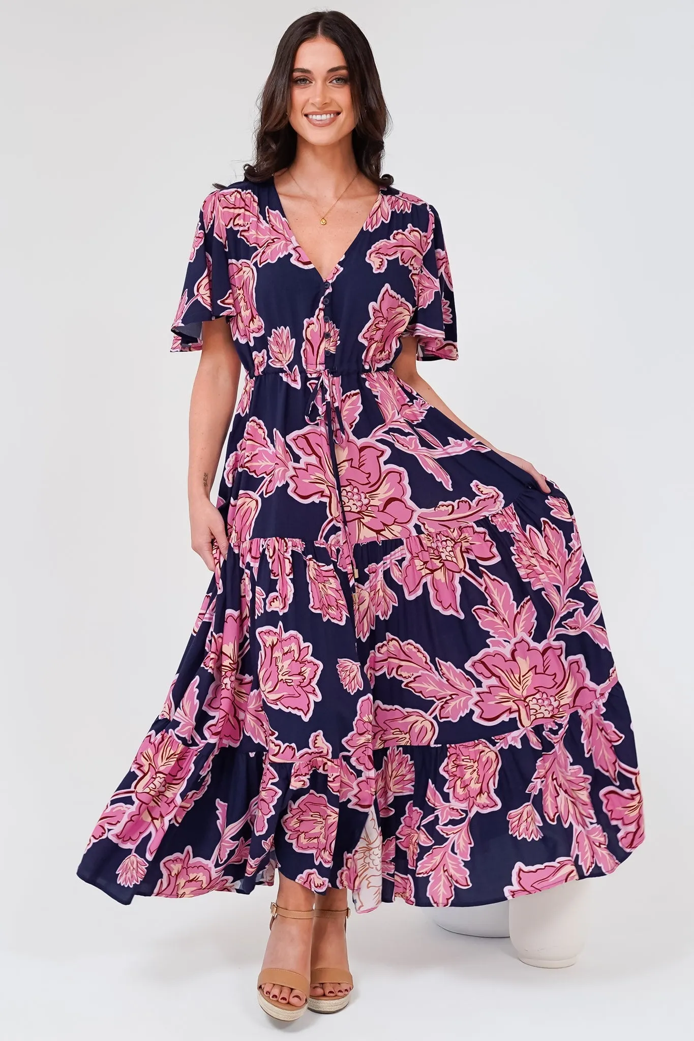 Anya Maxi Dress - Flutter Cap Sleeve Pull Tie Waist Dress in Kalia Print Navy sold by Salty Crush product image thumbnail 5