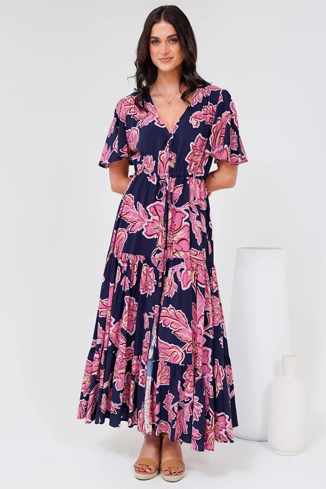 Anya Maxi Dress - Flutter Cap Sleeve Pull Tie Waist Dress in Kalia Print Navy sold by Salty Crush product image thumbnail 3