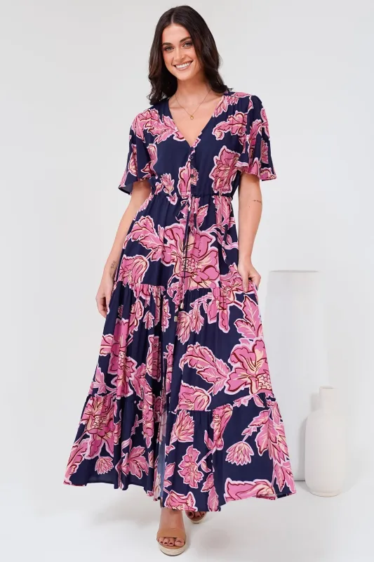Anya Maxi Dress - Flutter Cap Sleeve Pull Tie Waist Dress in Kalia Print Navy sold by Salty Crush
