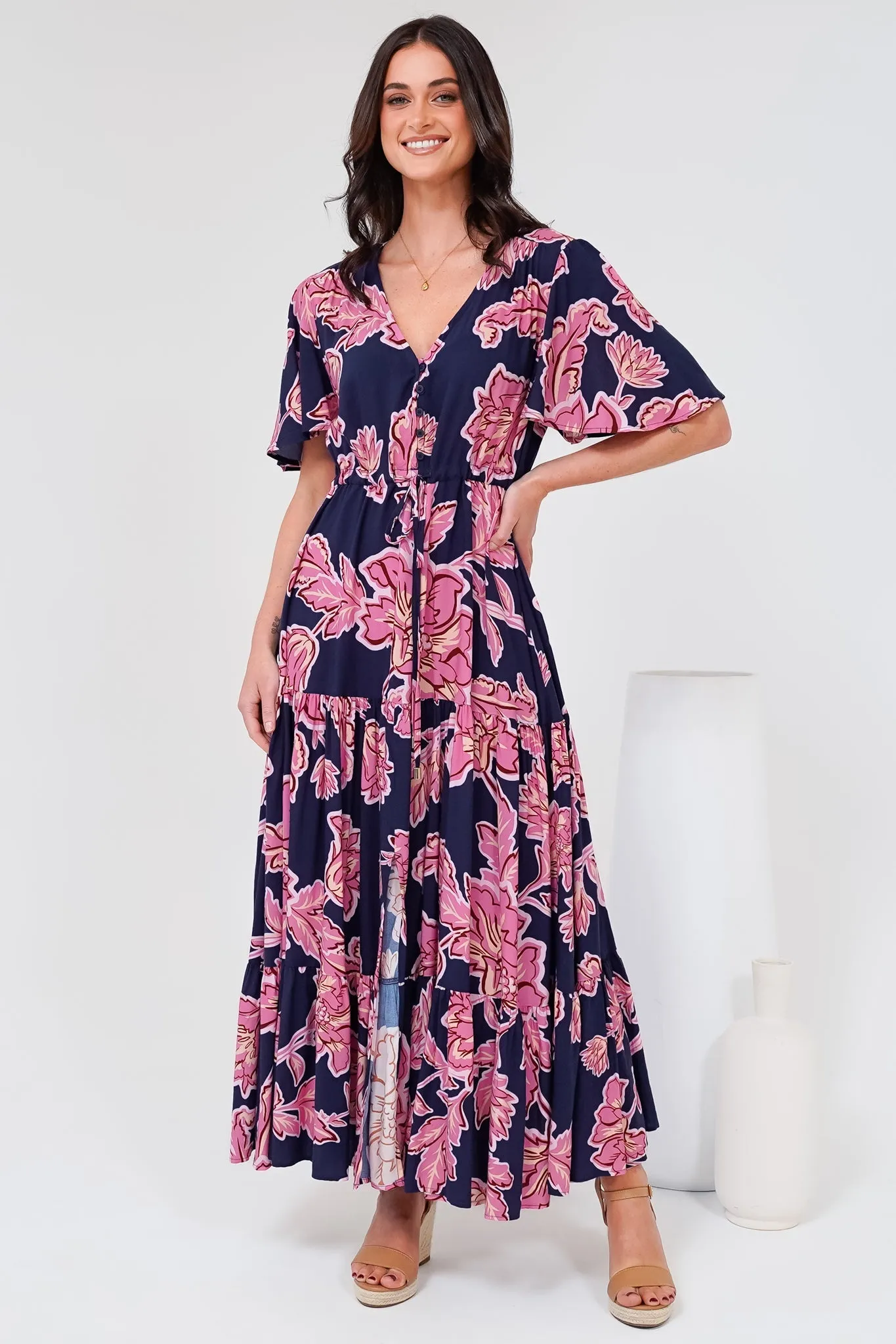 Anya Maxi Dress - Flutter Cap Sleeve Pull Tie Waist Dress in Kalia Print Navy sold by Salty Crush product image thumbnail 4