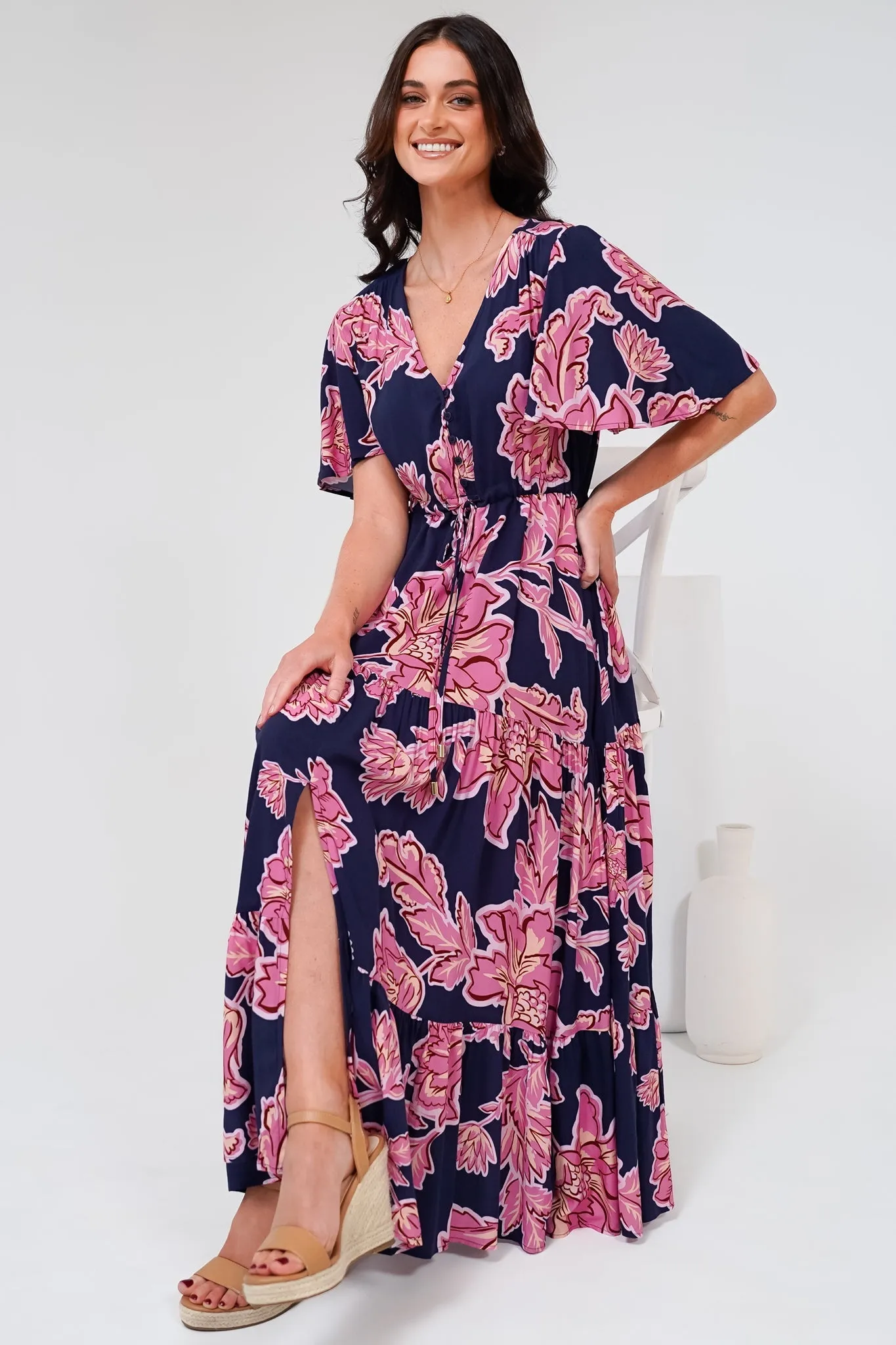 Anya Maxi Dress - Flutter Cap Sleeve Pull Tie Waist Dress in Kalia Print Navy sold by Salty Crush product image thumbnail 2