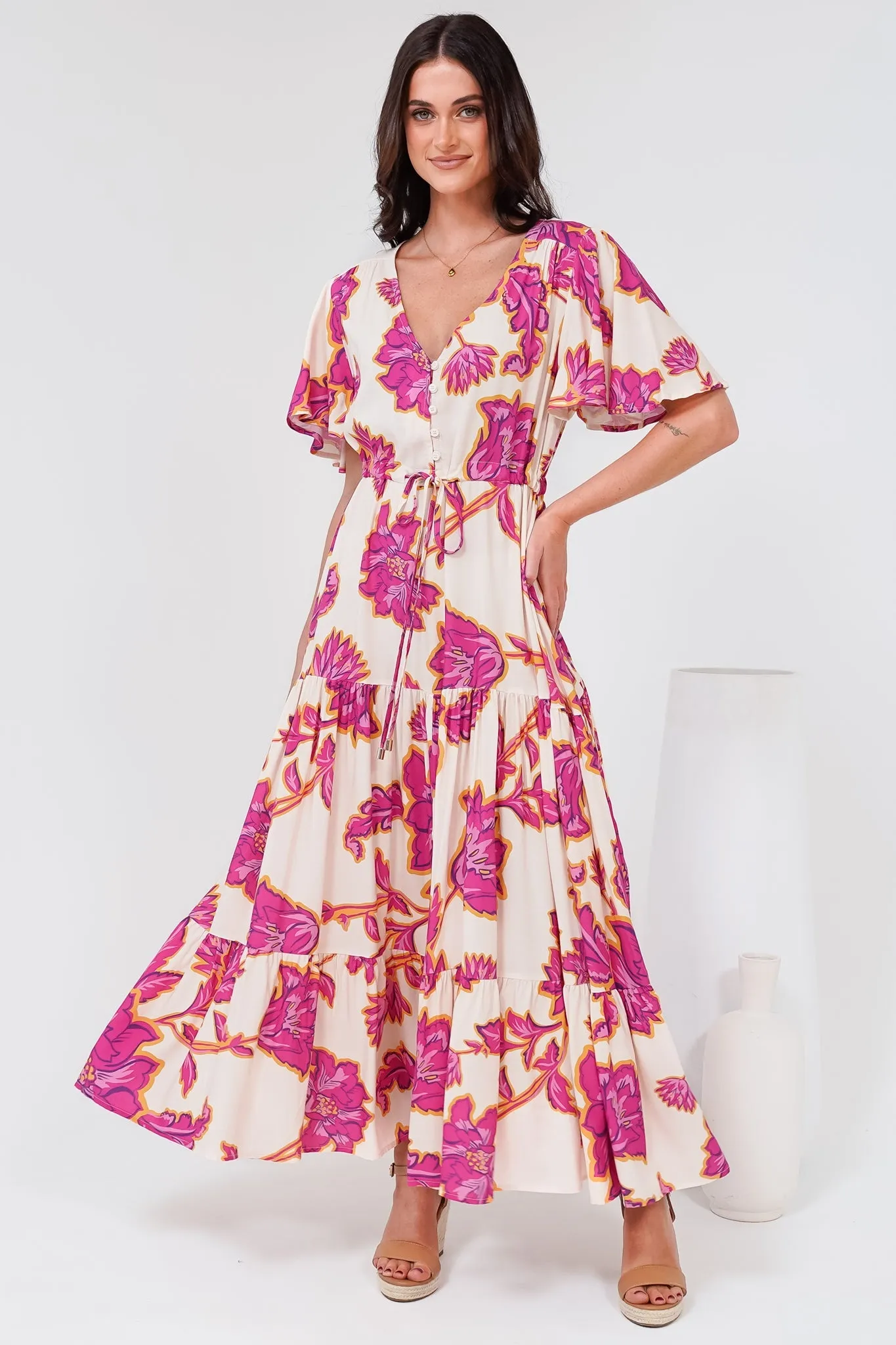 Anya Maxi Dress - Flutter Cap Sleeve Pull Tie Waist Dress in Kalia Print Cream sold by Salty Crush
