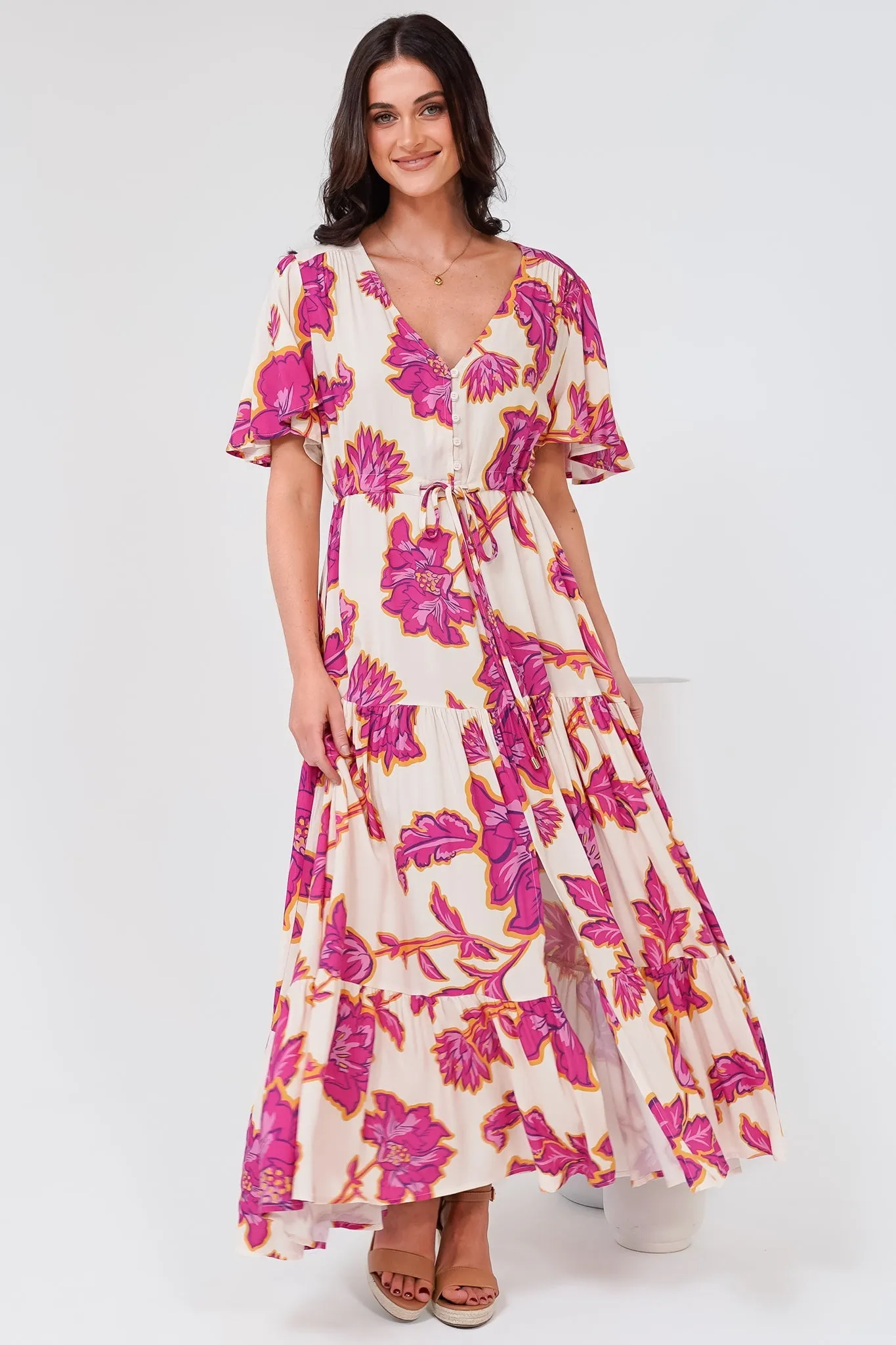 Anya Maxi Dress - Flutter Cap Sleeve Pull Tie Waist Dress in Kalia Print Cream sold by Salty Crush product image thumbnail 4