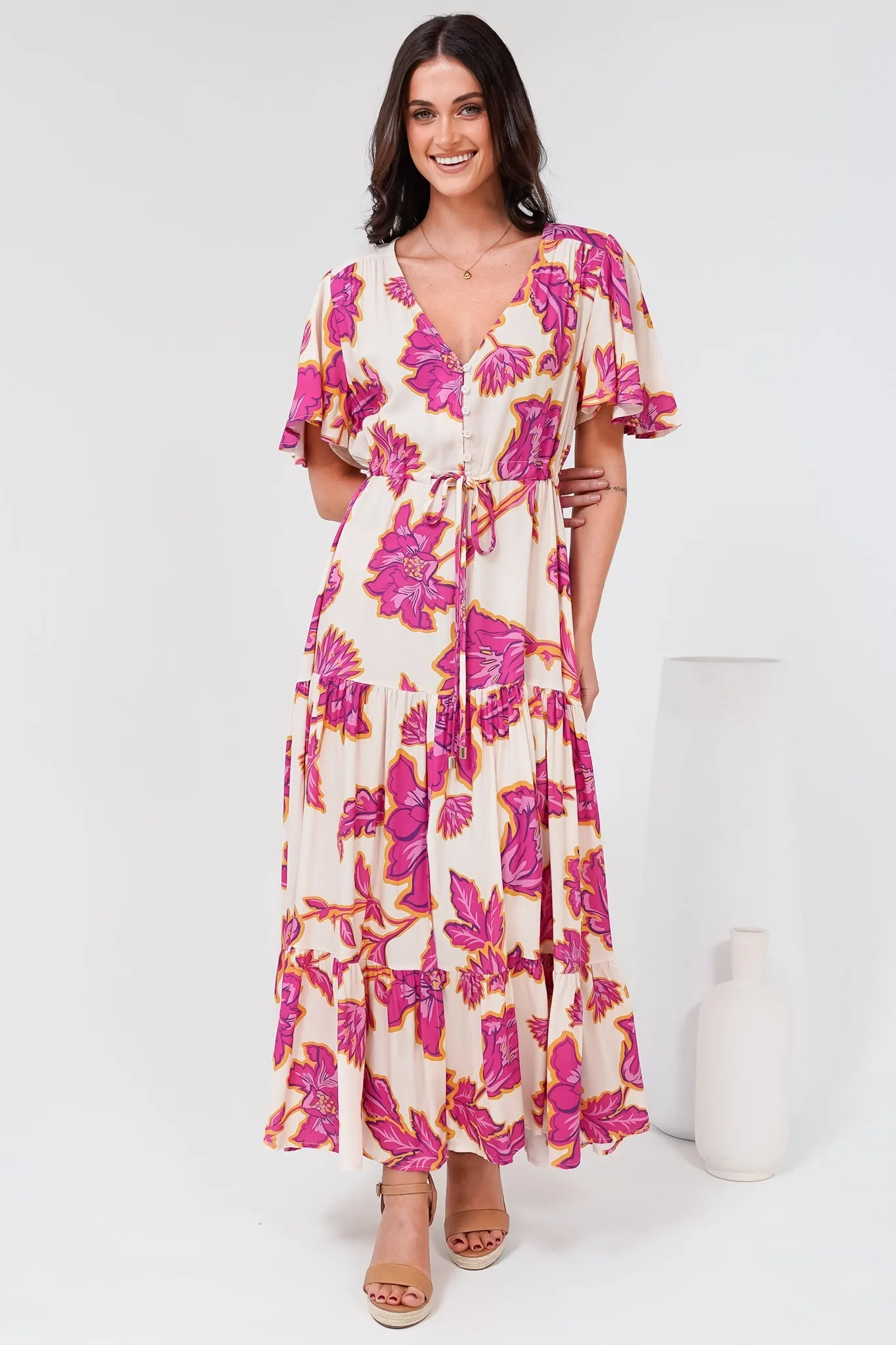 Anya Maxi Dress - Flutter Cap Sleeve Pull Tie Waist Dress in Kalia Print Cream sold by Salty Crush product image thumbnail 2