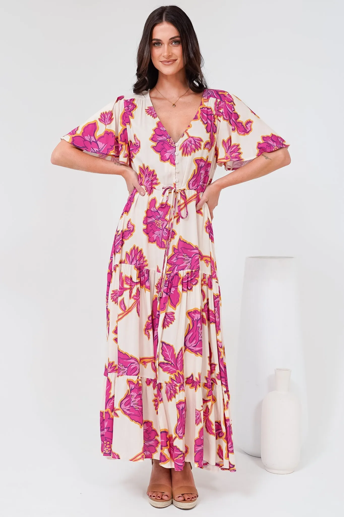 Anya Maxi Dress - Flutter Cap Sleeve Pull Tie Waist Dress in Kalia Print Cream sold by Salty Crush product image thumbnail 5