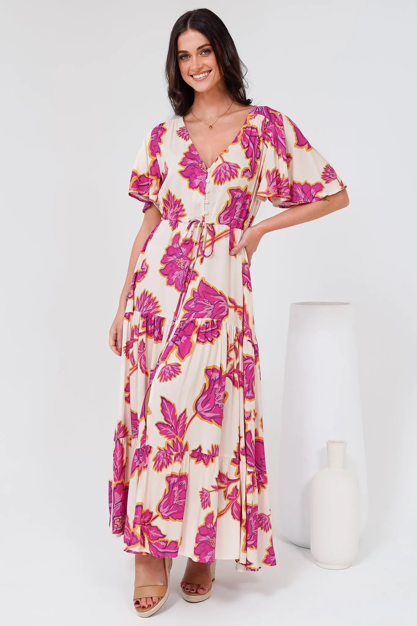 Anya Maxi Dress - Flutter Cap Sleeve Pull Tie Waist Dress in Kalia Print Cream sold by Salty Crush product image thumbnail 3