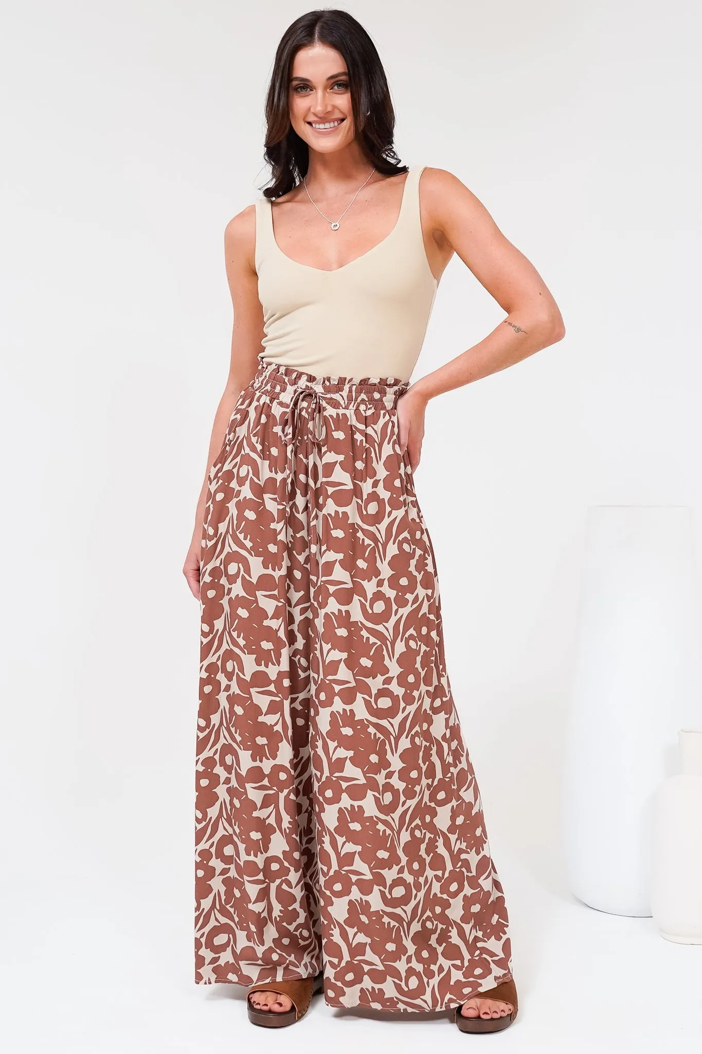 Charli Pants - Paper Bag High Waisted Wide Leg Pants in Emma-Jade Print Brown sold by Salty Crush