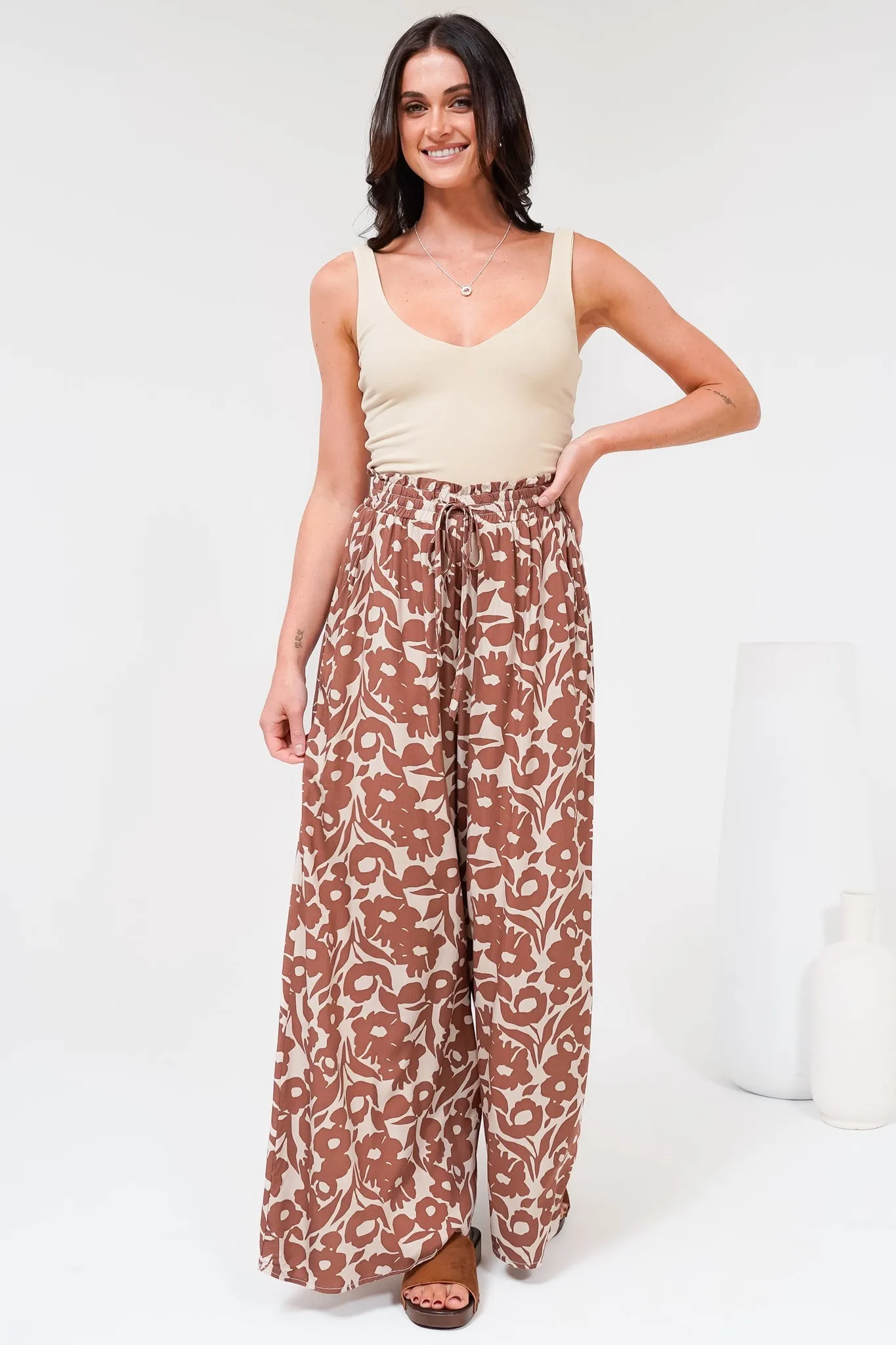 Charli Pants - Paper Bag High Waisted Wide Leg Pants in Emma-Jade Print Brown sold by Salty Crush product image thumbnail 5