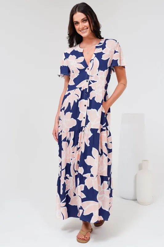 Milla Midi Dress - Tiered Button Down Dress in Jetson Print Navy sold by Salty Crush