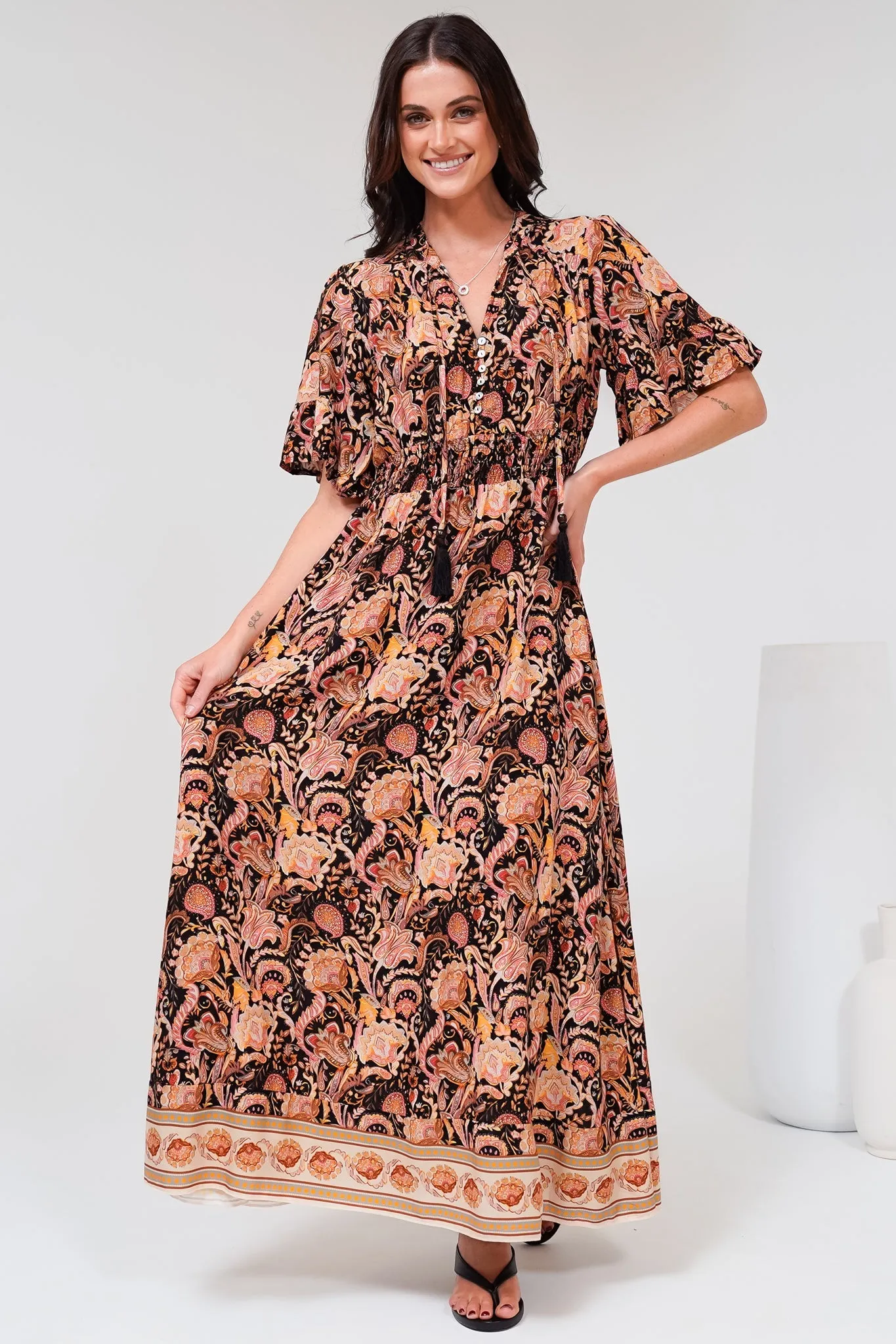 Jemina Maxi Dress - V-Neck Elasticated Waist A-Line Dress in Pree Print Black sold by Salty Crush product image thumbnail 3