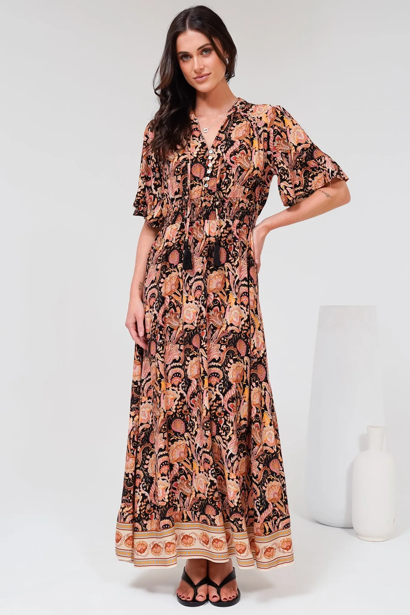 Jemina Maxi Dress - V-Neck Elasticated Waist A-Line Dress in Pree Print Black sold by Salty Crush product image thumbnail 5