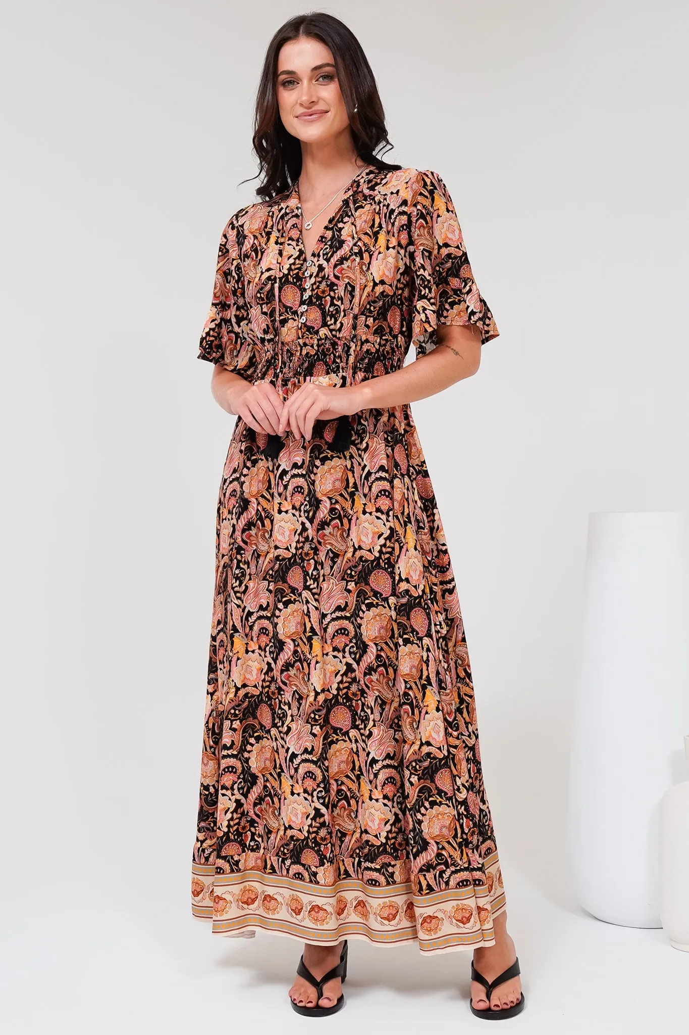 Jemina Maxi Dress - V-Neck Elasticated Waist A-Line Dress in Pree Print Black sold by Salty Crush product image thumbnail 4